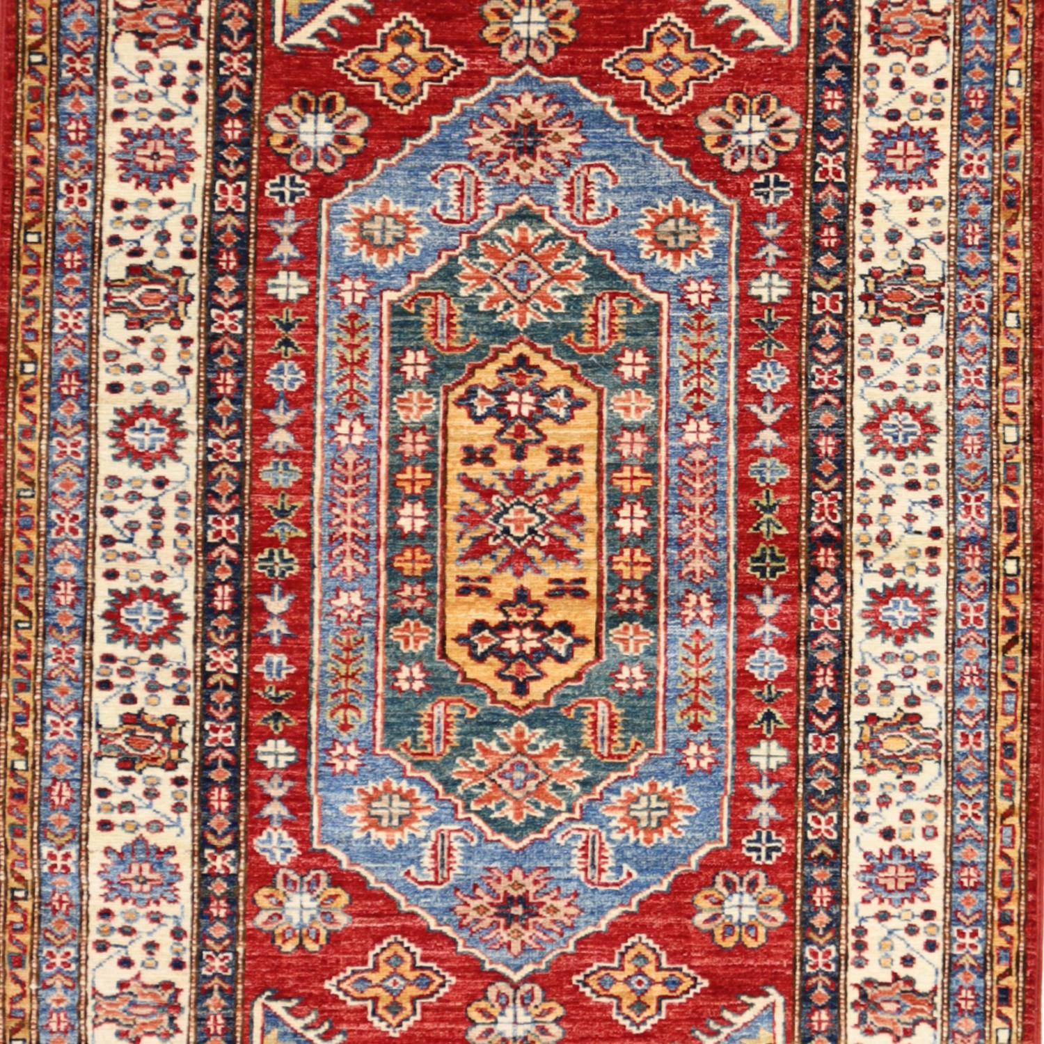 3'6" x 4'10" RED AND IVORY KAZAK GEOMETRIC PAKISTANI RUG