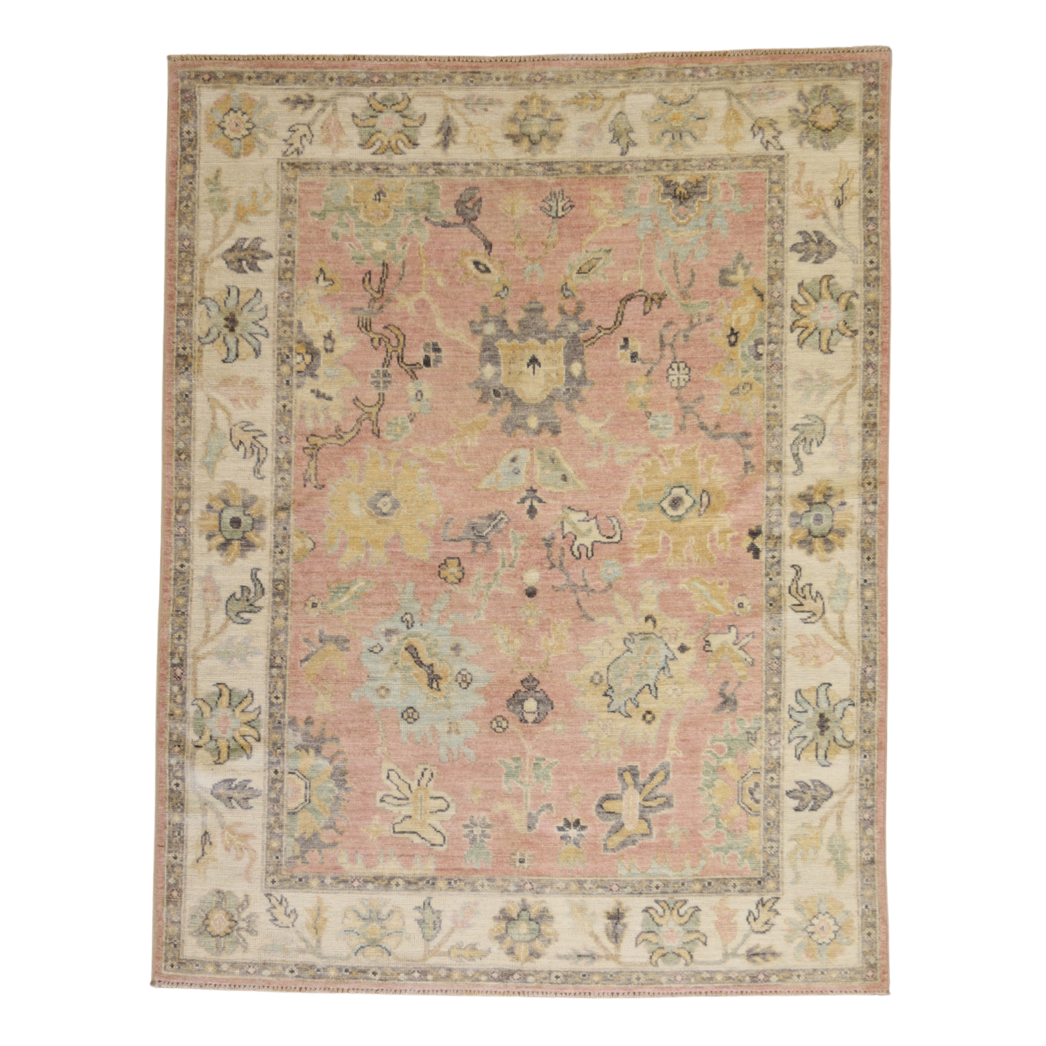 5'1" x 6'7" PINK AND IVORY PESHAWAR GEOMETRIC PAKISTANI RUG
