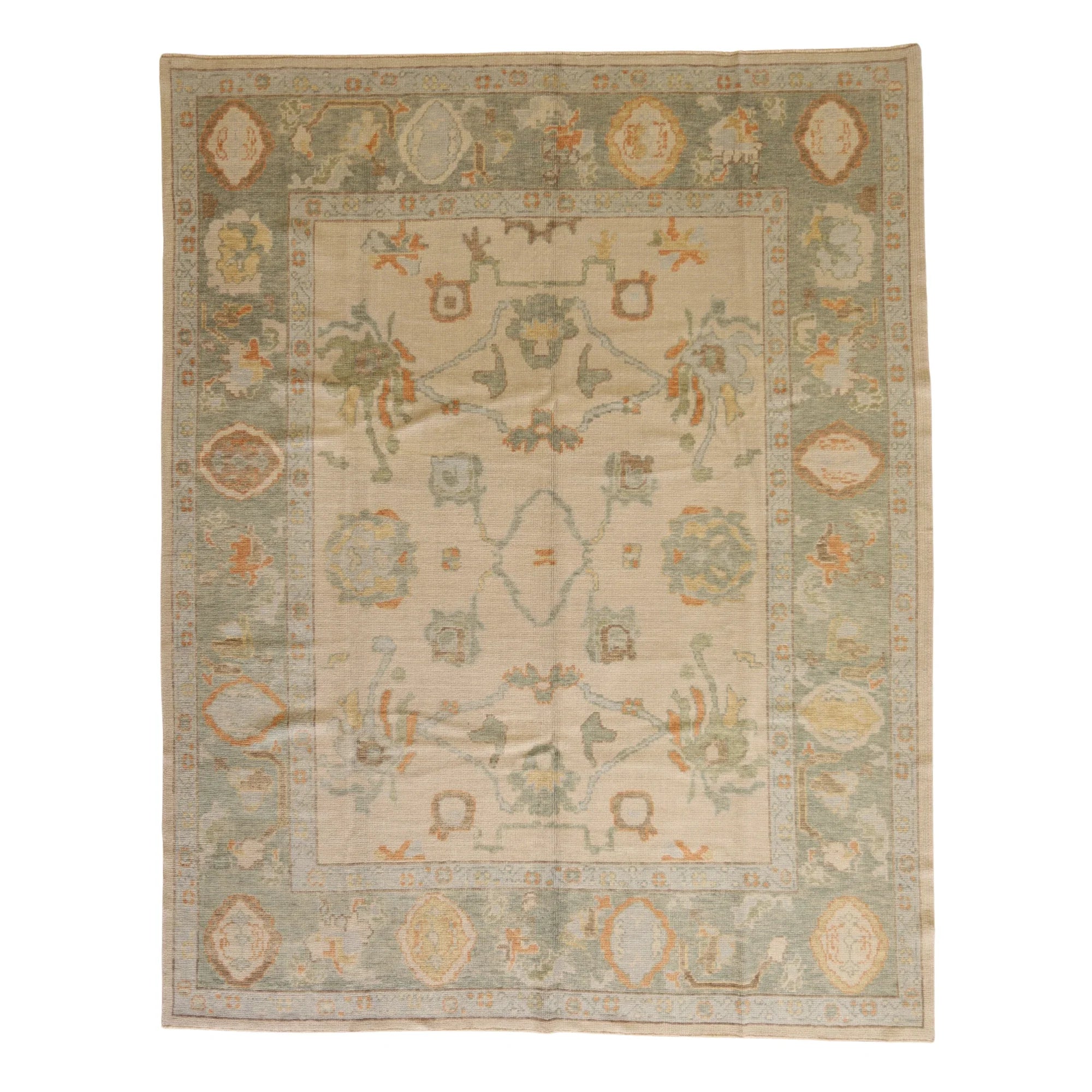 8'2" x 10'5" BEIGE AND GREEN OUSHAK GEOMETRIC TURKISH RUG