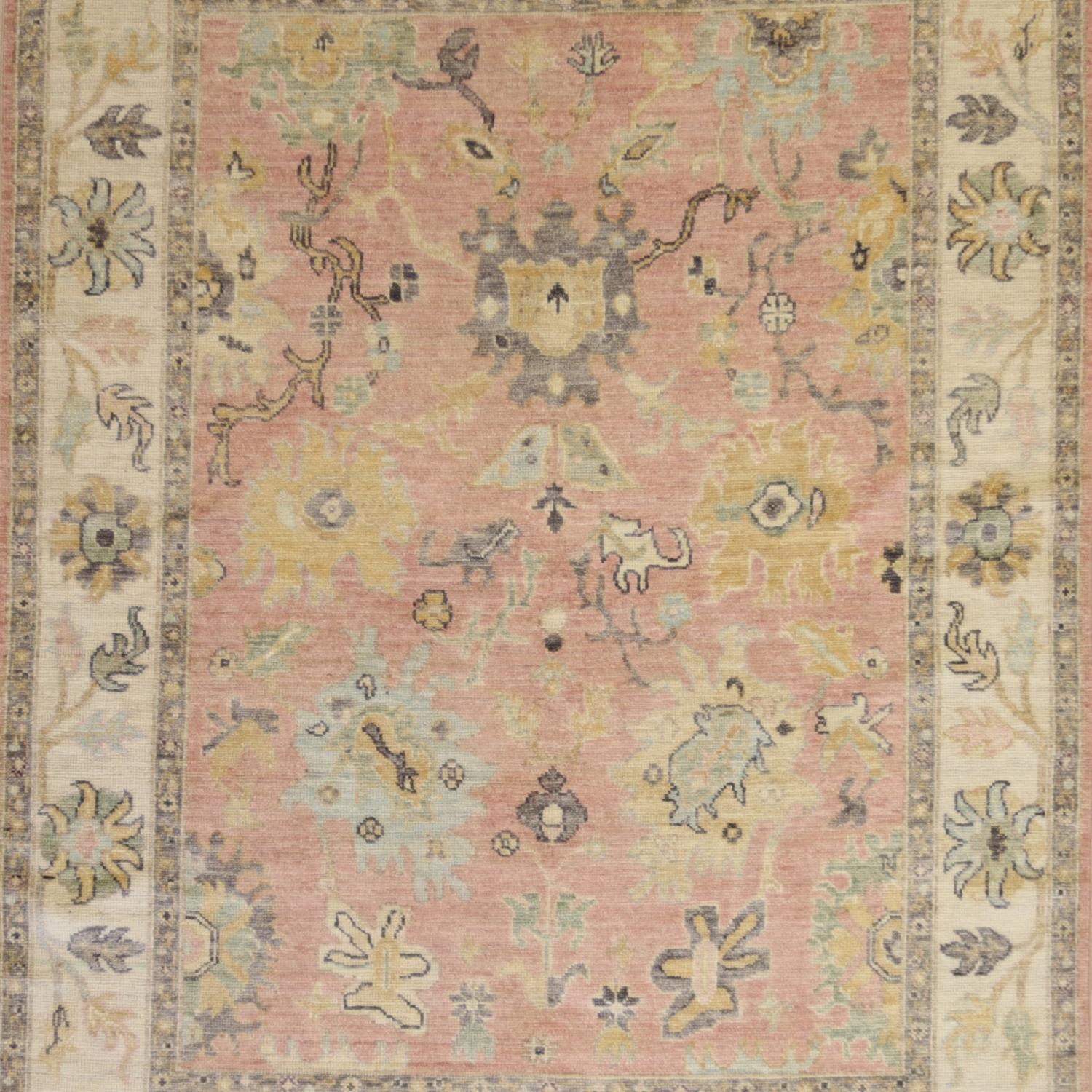 5'1" x 6'7" PINK AND IVORY PESHAWAR GEOMETRIC PAKISTANI RUG