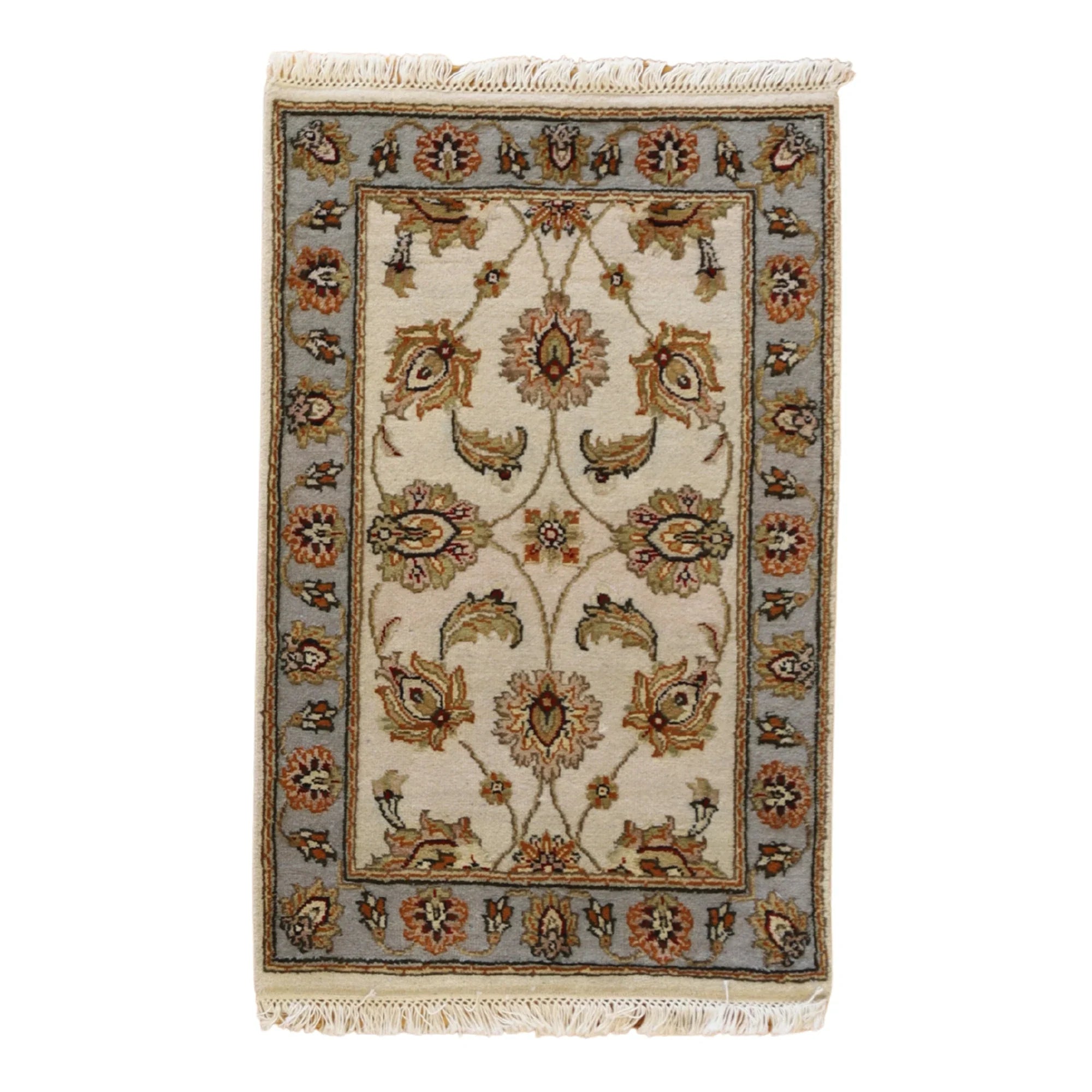 2'0" x 3'0" BEIGE AND BLUE JAIPUR FLORAL INDIAN RUG