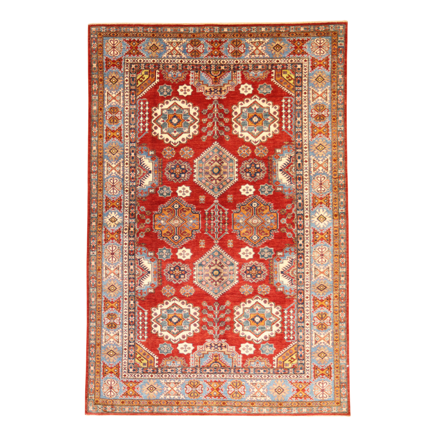6'0" x 9'0" RED AND BLUE KAZAK GEOMETRIC PAKISTANI RUG