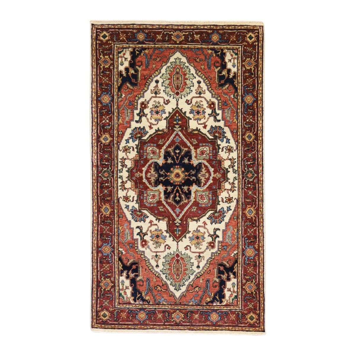 3'0" x 5'3" BEIGE AND RED SERAPI GEOMETRIC INDIAN RUG