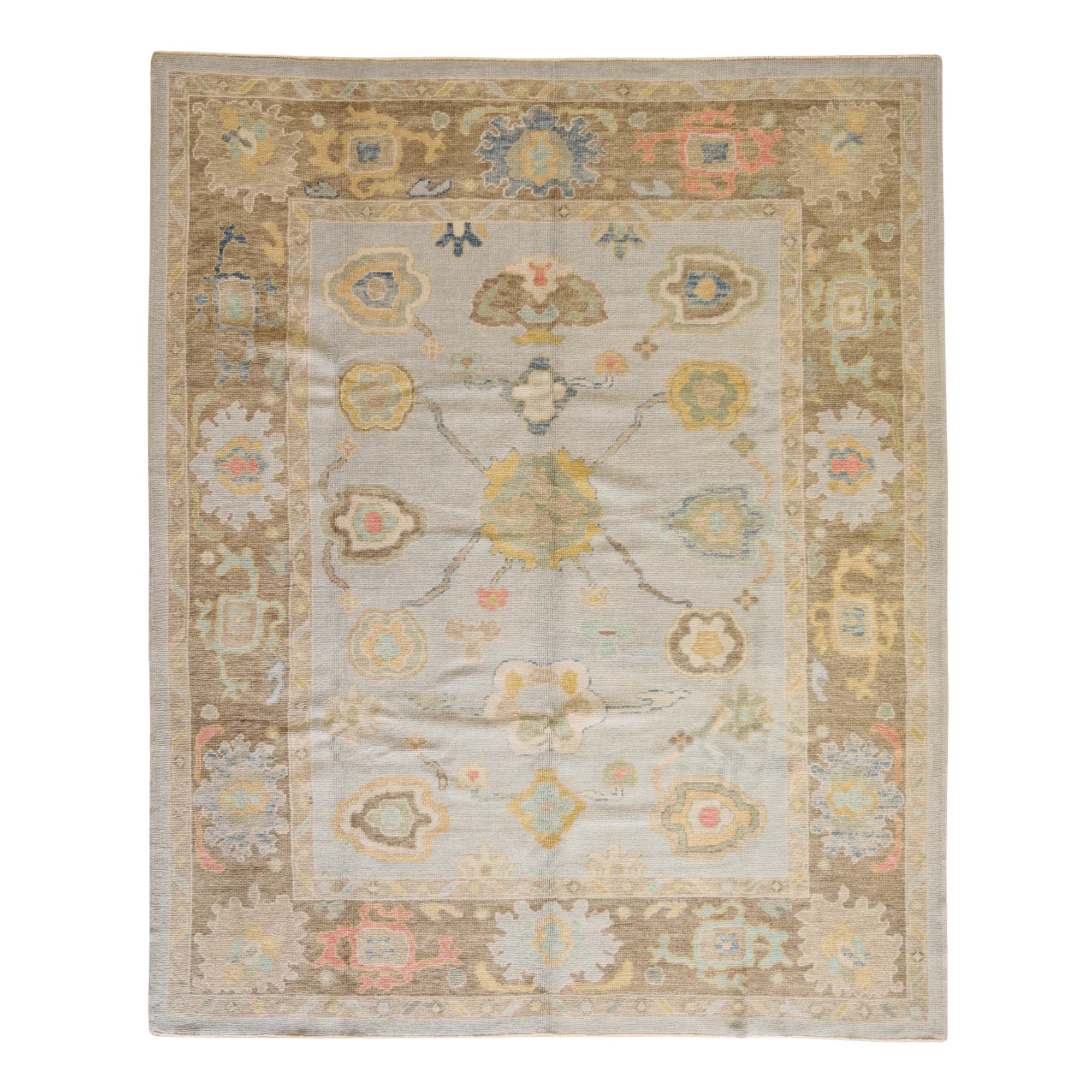 8'1" x 9'10" BLUE AND TAN OUSHAK GEOMETRIC TURKISH RUG