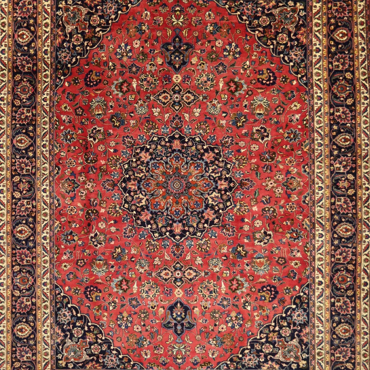 10'0" x 13'0" RED AND NAVY MASHAD ANTIQUE PERSIAN RUG