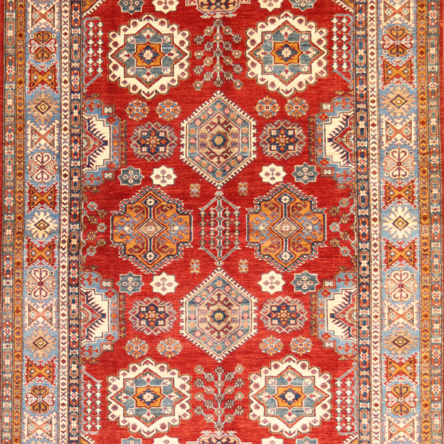 6'0" x 9'0" RED AND BLUE KAZAK GEOMETRIC PAKISTANI RUG