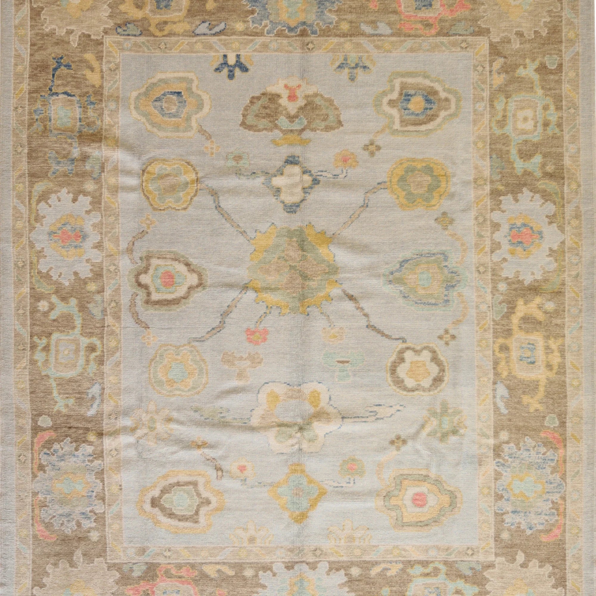 8'1" x 9'10" BLUE AND TAN OUSHAK GEOMETRIC TURKISH RUG