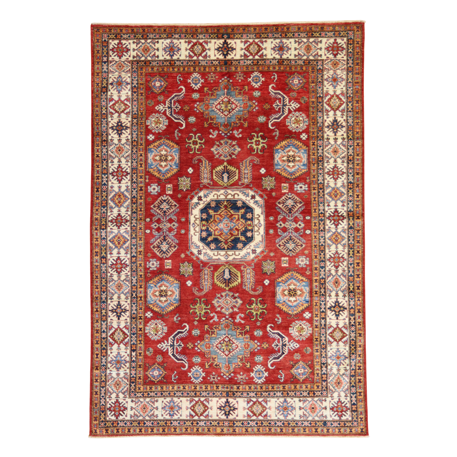 6'0" x 9'0" RED AND IVORY KAZAK GEOMETRIC PAKISTANI RUG