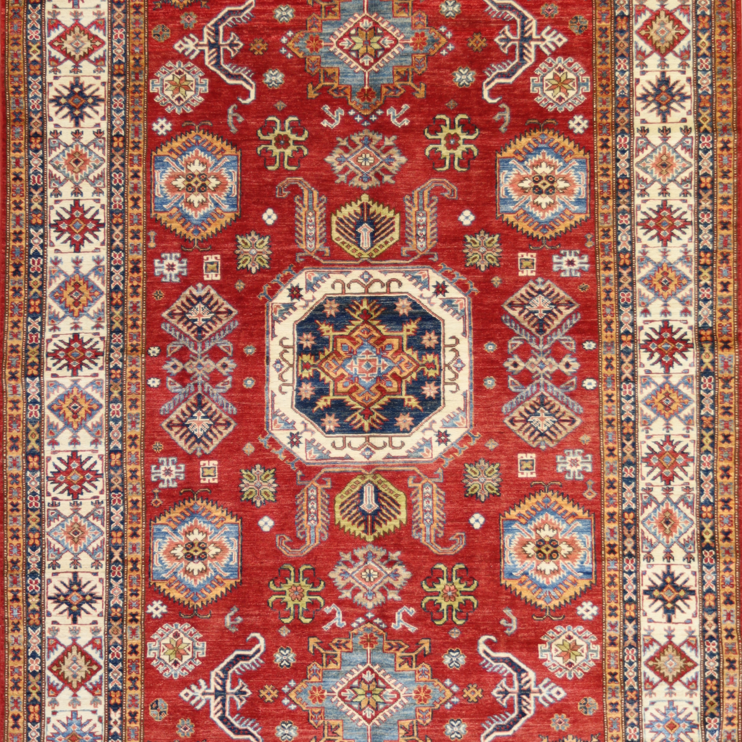 6'0" x 9'0" RED AND IVORY KAZAK GEOMETRIC PAKISTANI RUG