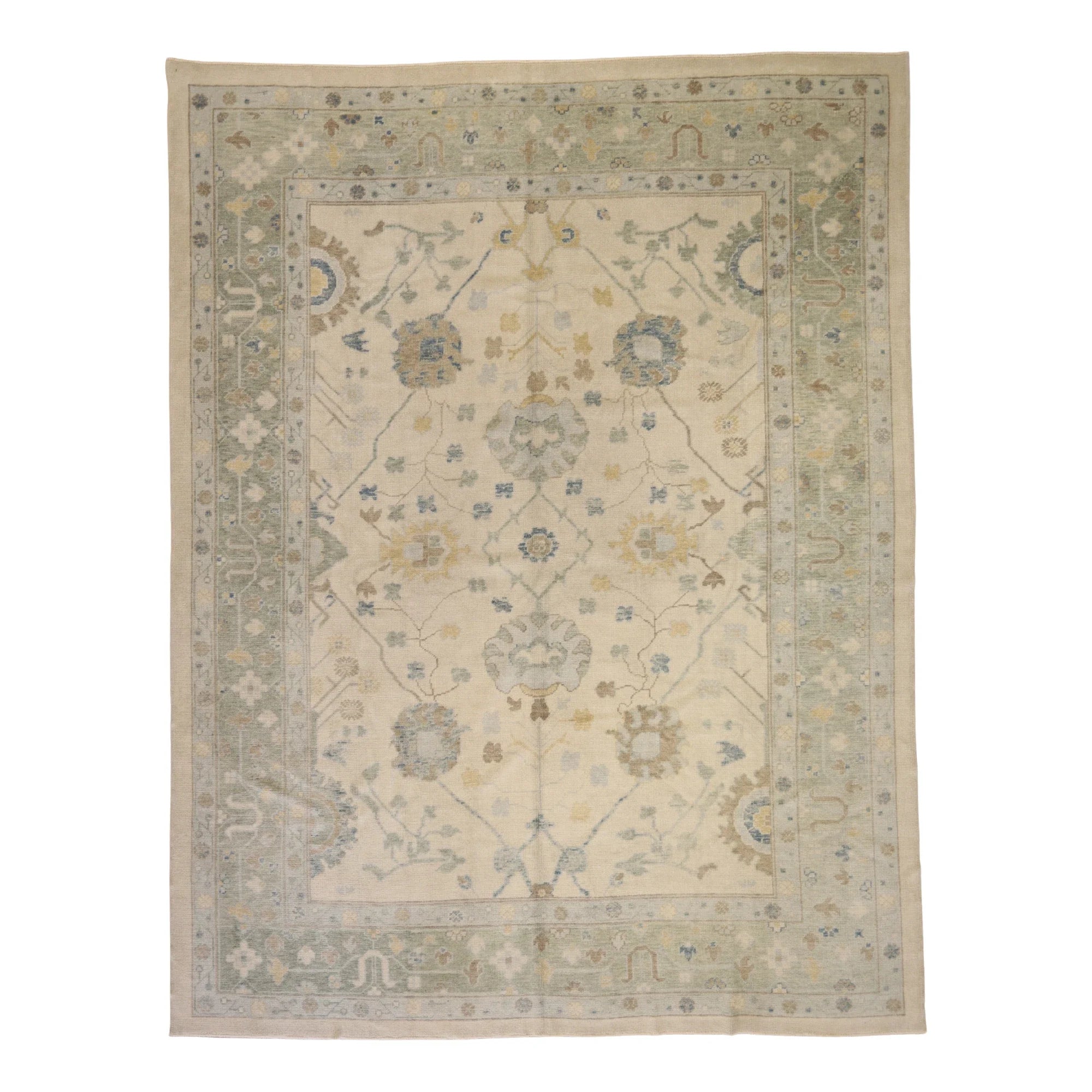 9'4" x 12'3" BEIGE AND GREEN OUSHAK GEOMETRIC TURKISH RUG