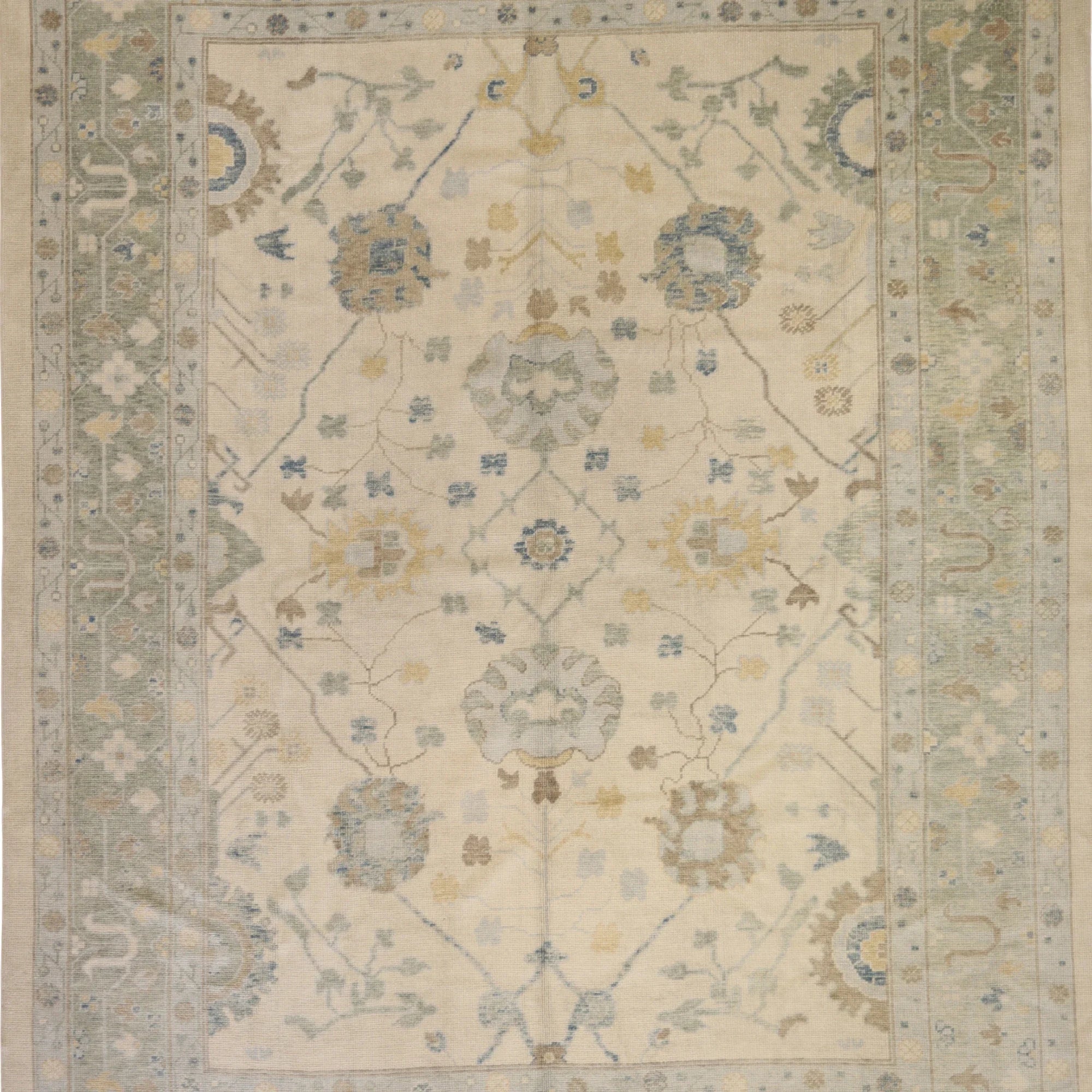 9'4" x 12'3" BEIGE AND GREEN OUSHAK GEOMETRIC TURKISH RUG