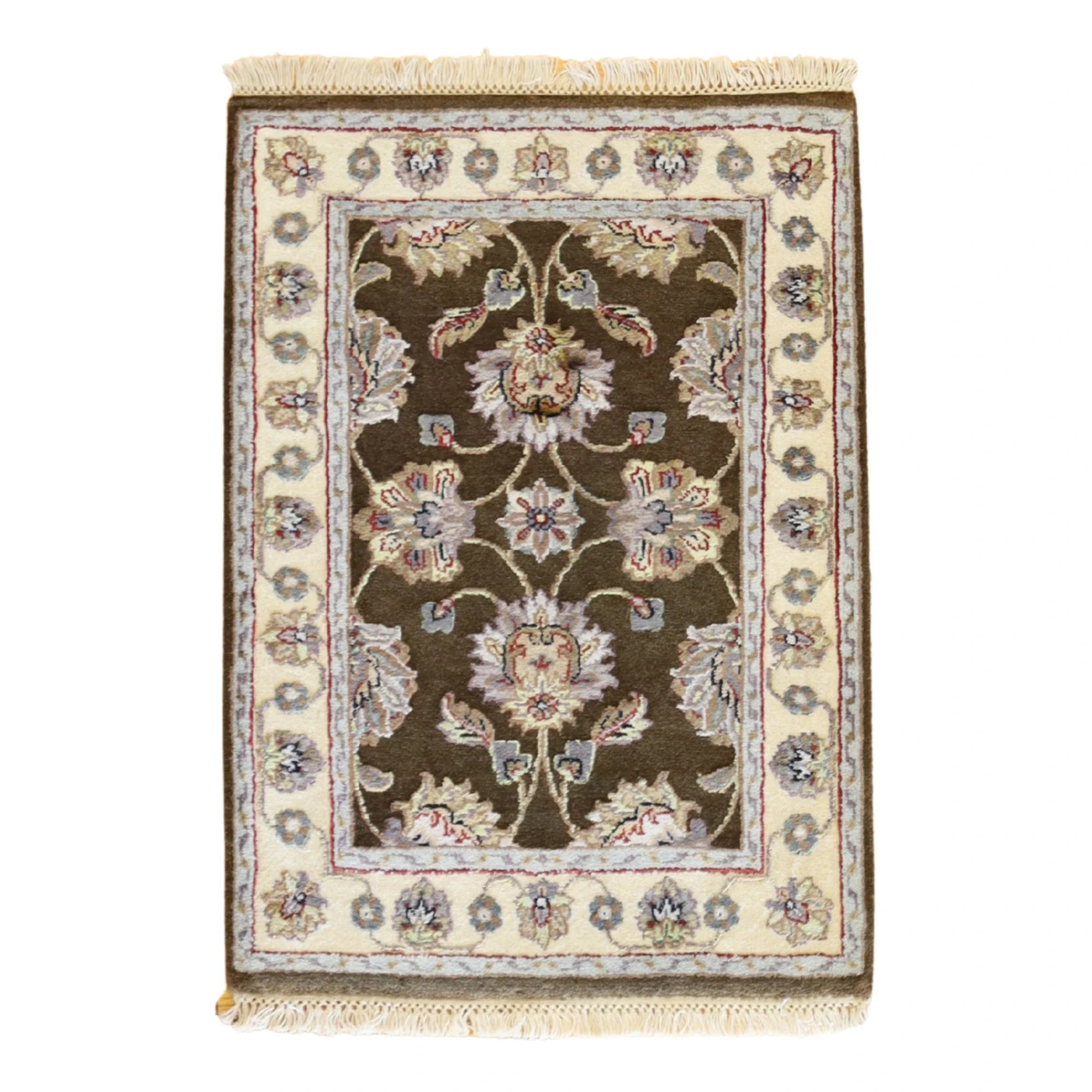 2'0" x 3'0" BROWN AND IVORY JAIPUR FLORAL INDIAN RUG