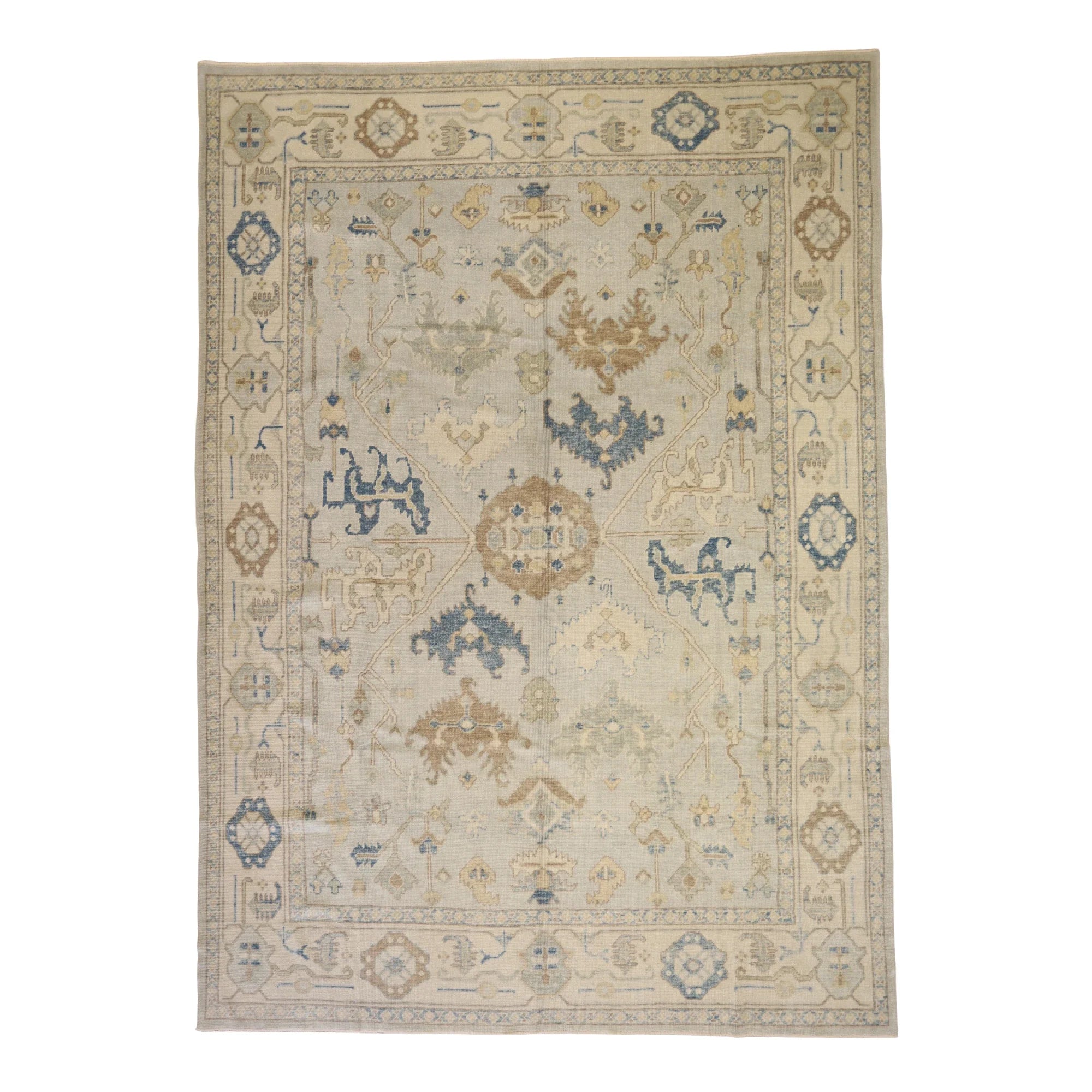 9'0" x 12'10" BLUE AND BEIGE OUSHAK GEOMETRIC TURKISH RUG