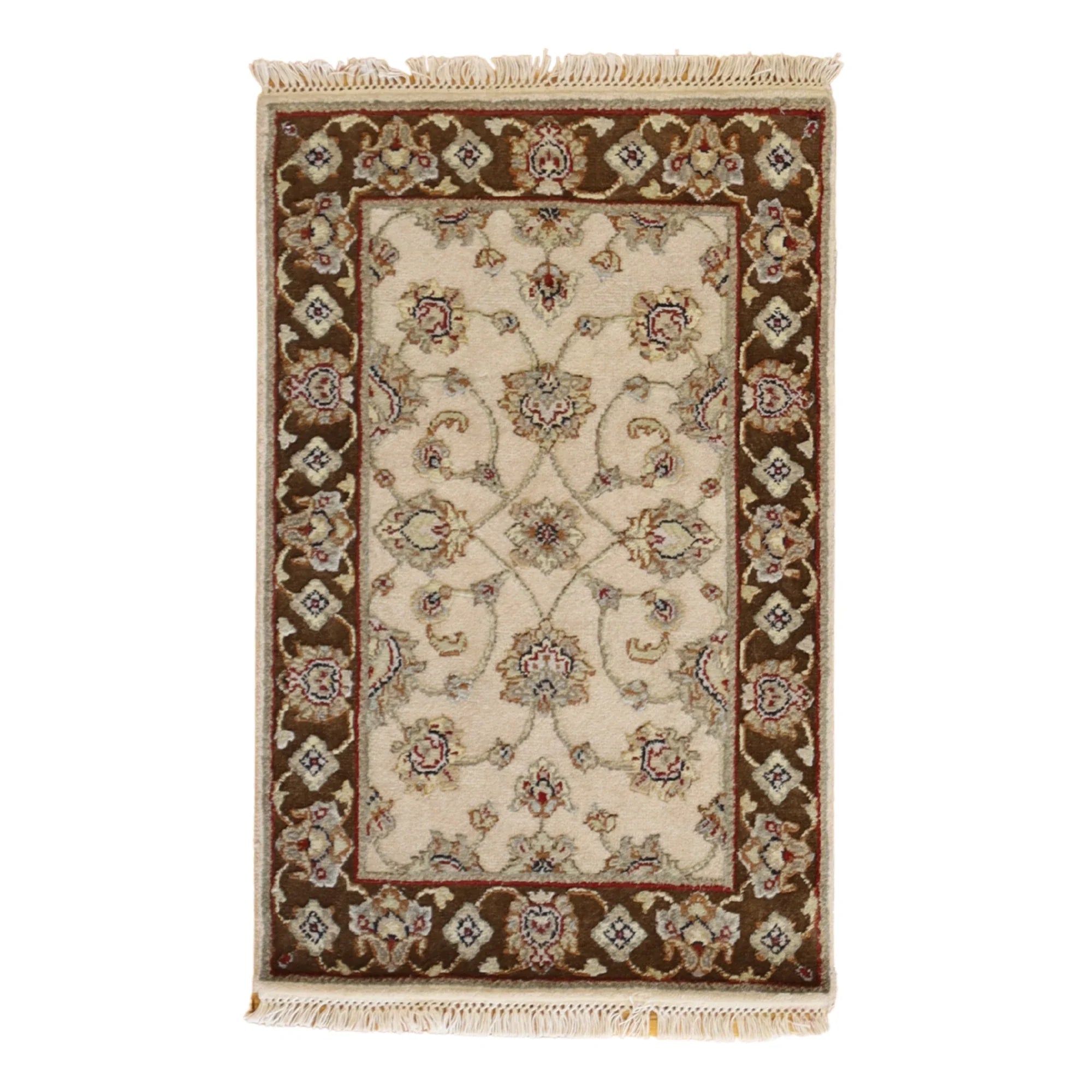 2'0" x 3'0" IVORY AND BROWN JAIPUR FLORAL INDIAN RUG