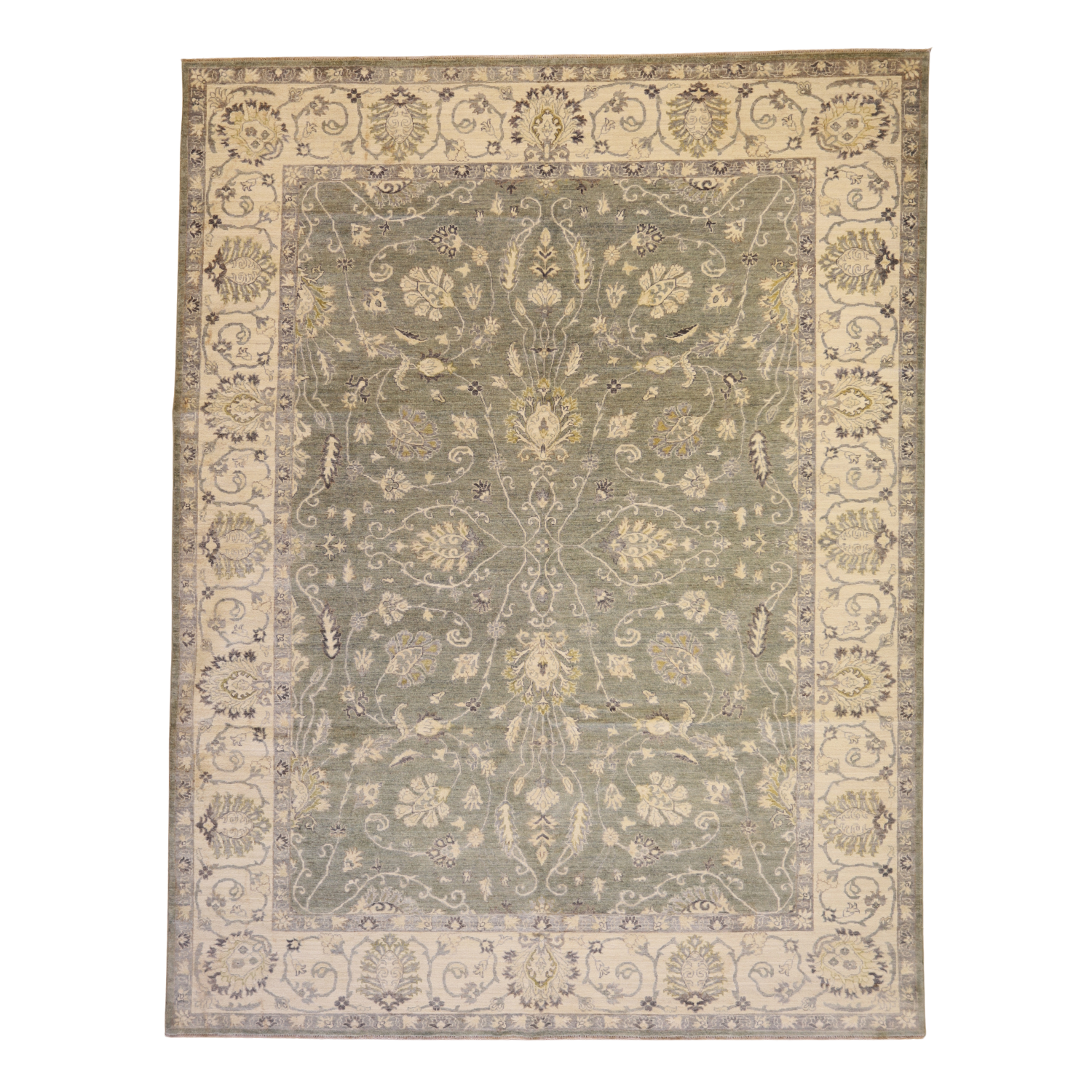 9'0" x 11'10" GREEN AND IVORY PESHAWAR GEOMETRIC PAKISTANI RUG