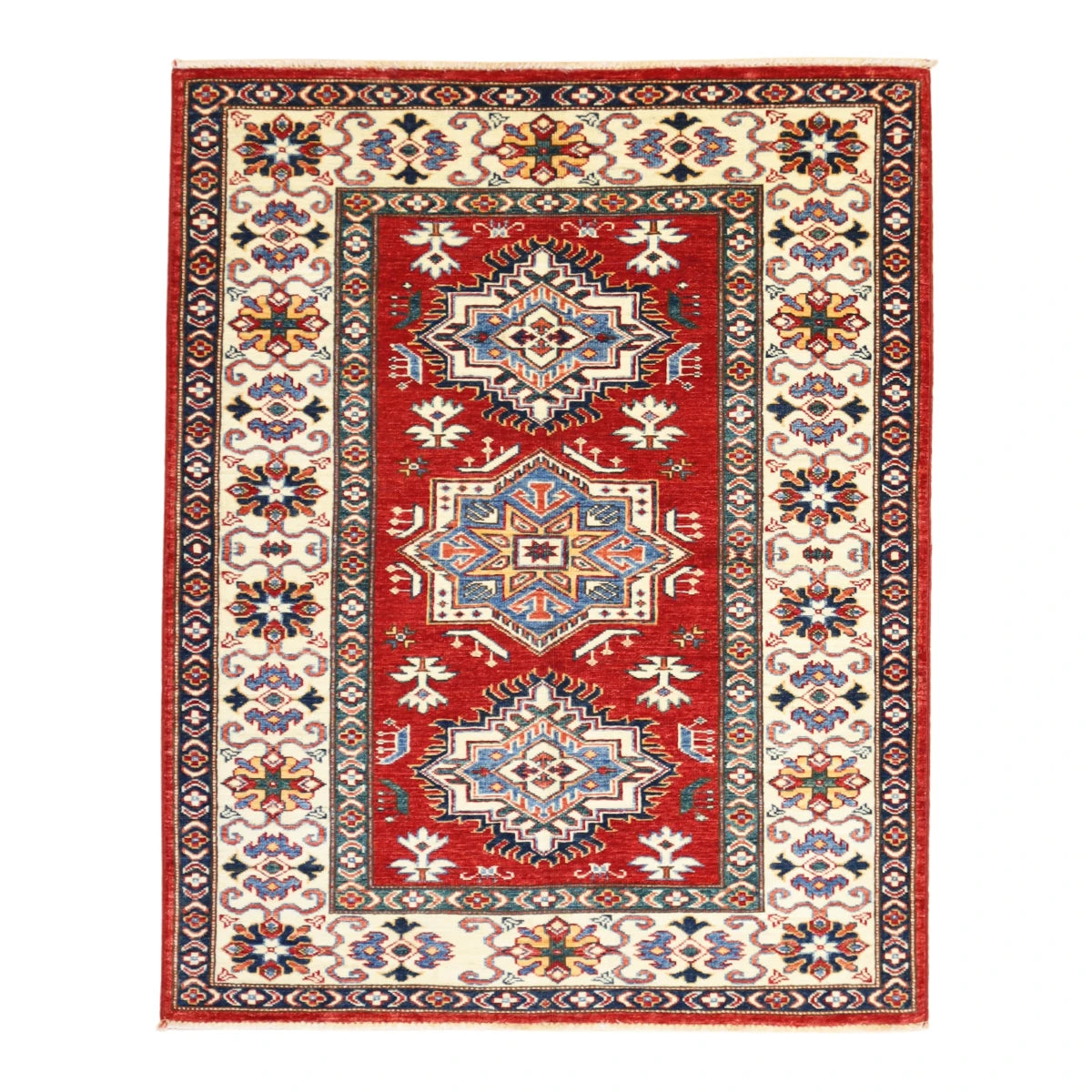 3'6" x 4'4" RED AND IVORY KAZAK GEOMETRIC PAKISTANI RUG