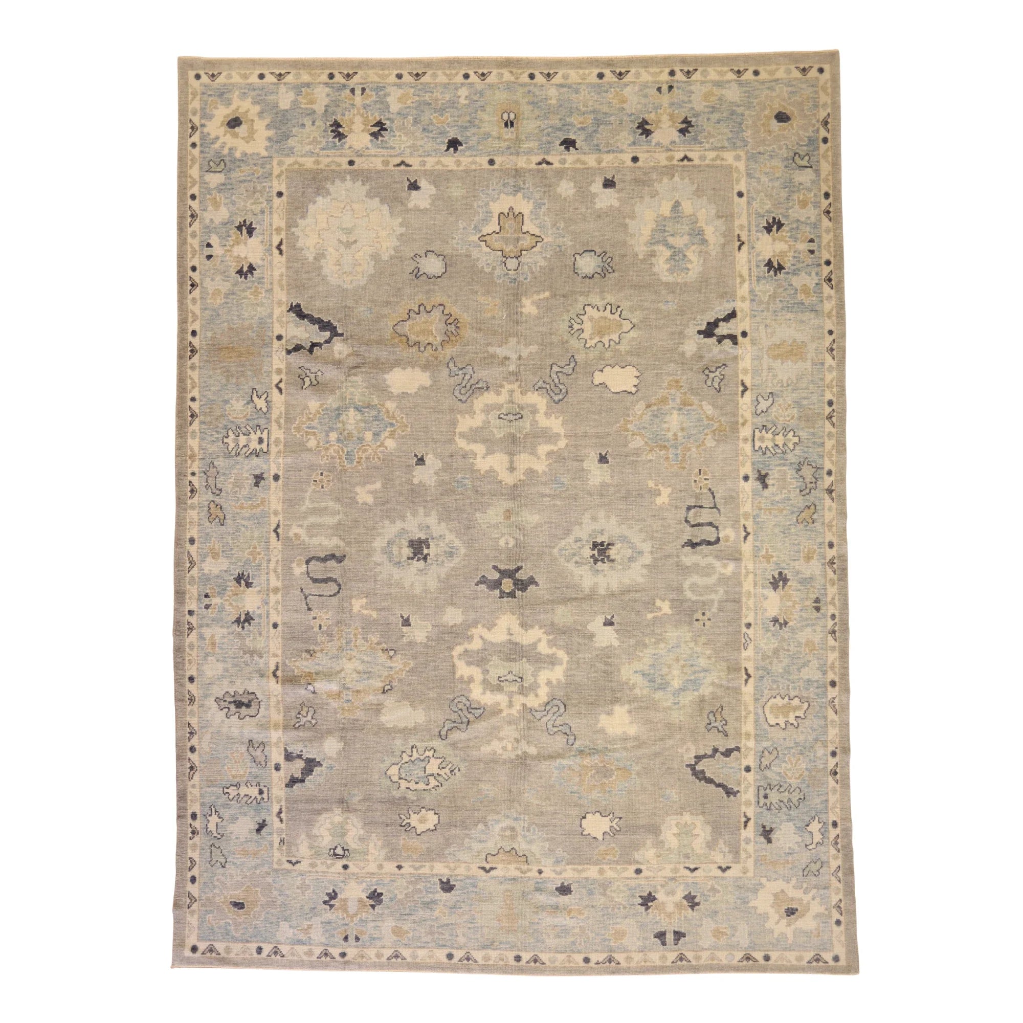 9'3" x 12'7" GRAY AND BLUE OUSHAK GEOMETRIC TURKISH RUG