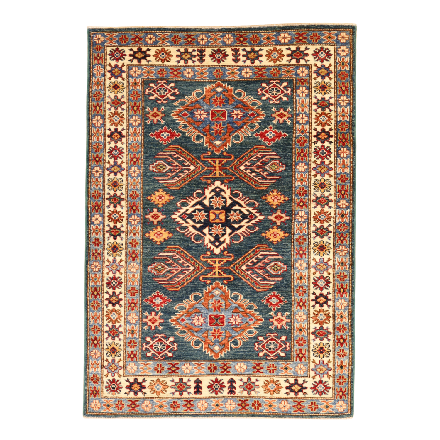 3'7" x 5'1" TEAL AND IVORY KAZAK GEOMETRIC PAKISTANI RUG