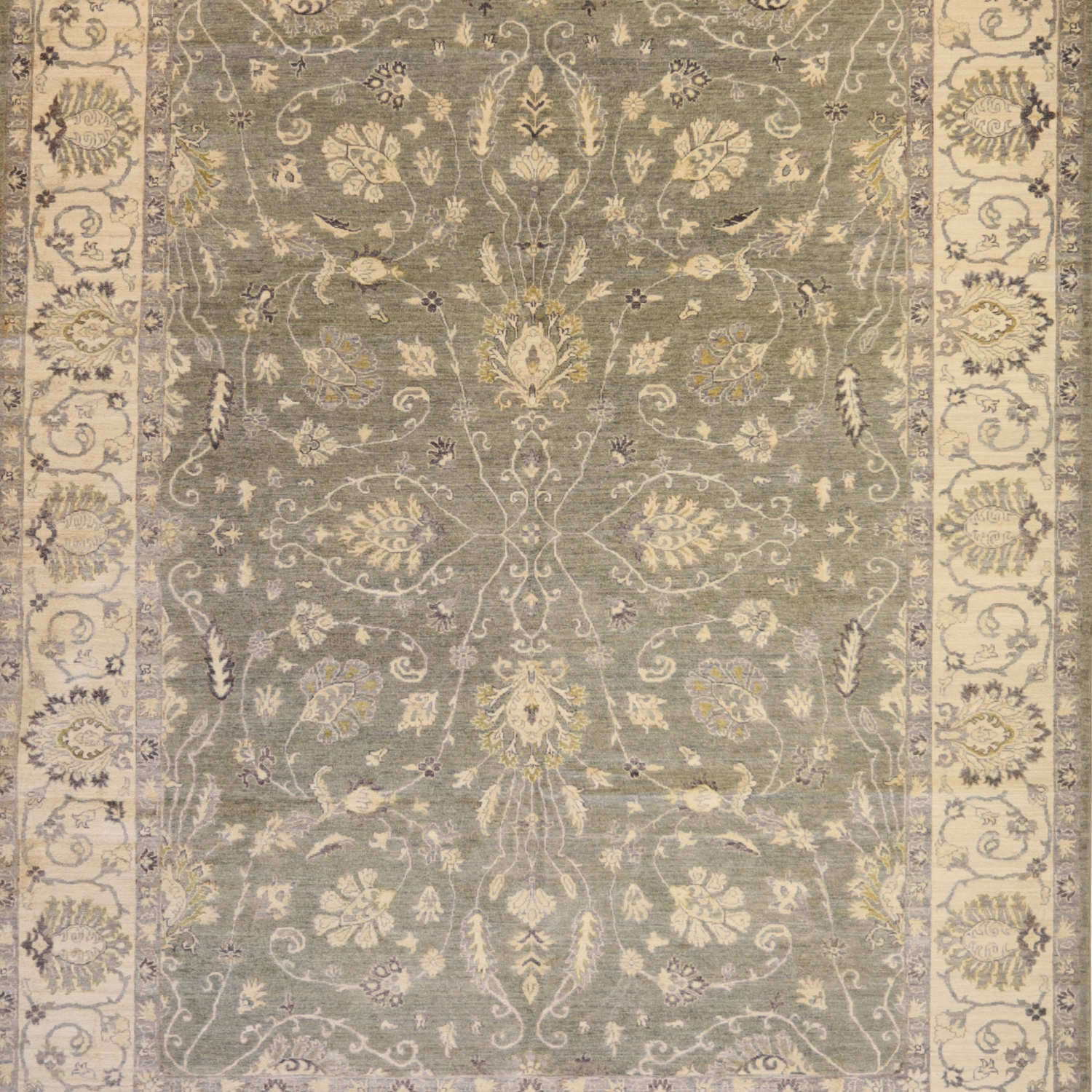 9'0" x 11'10" GREEN AND IVORY PESHAWAR GEOMETRIC PAKISTANI RUG