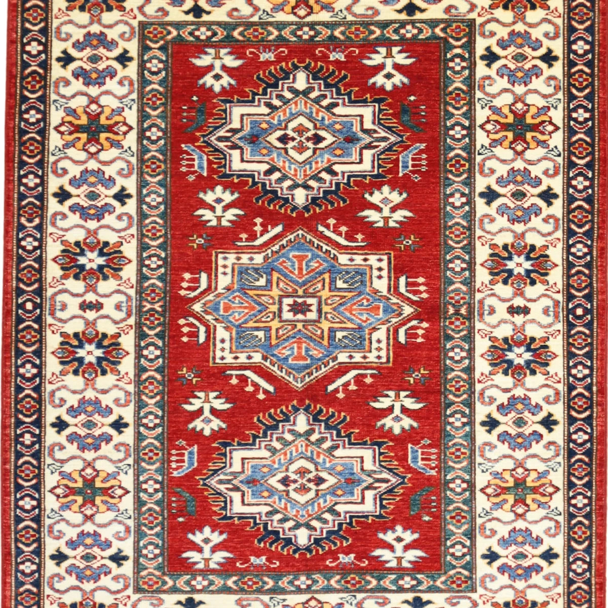 3'6" x 4'4" RED AND IVORY KAZAK GEOMETRIC PAKISTANI RUG