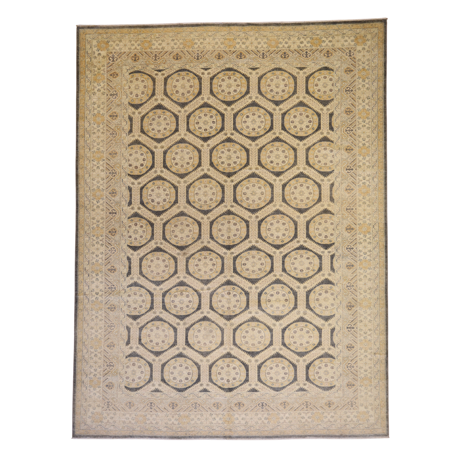 9'2" x 12'3" GOLD AND GOLD PESHAWAR GEOMETRIC PAKISTANI RUG