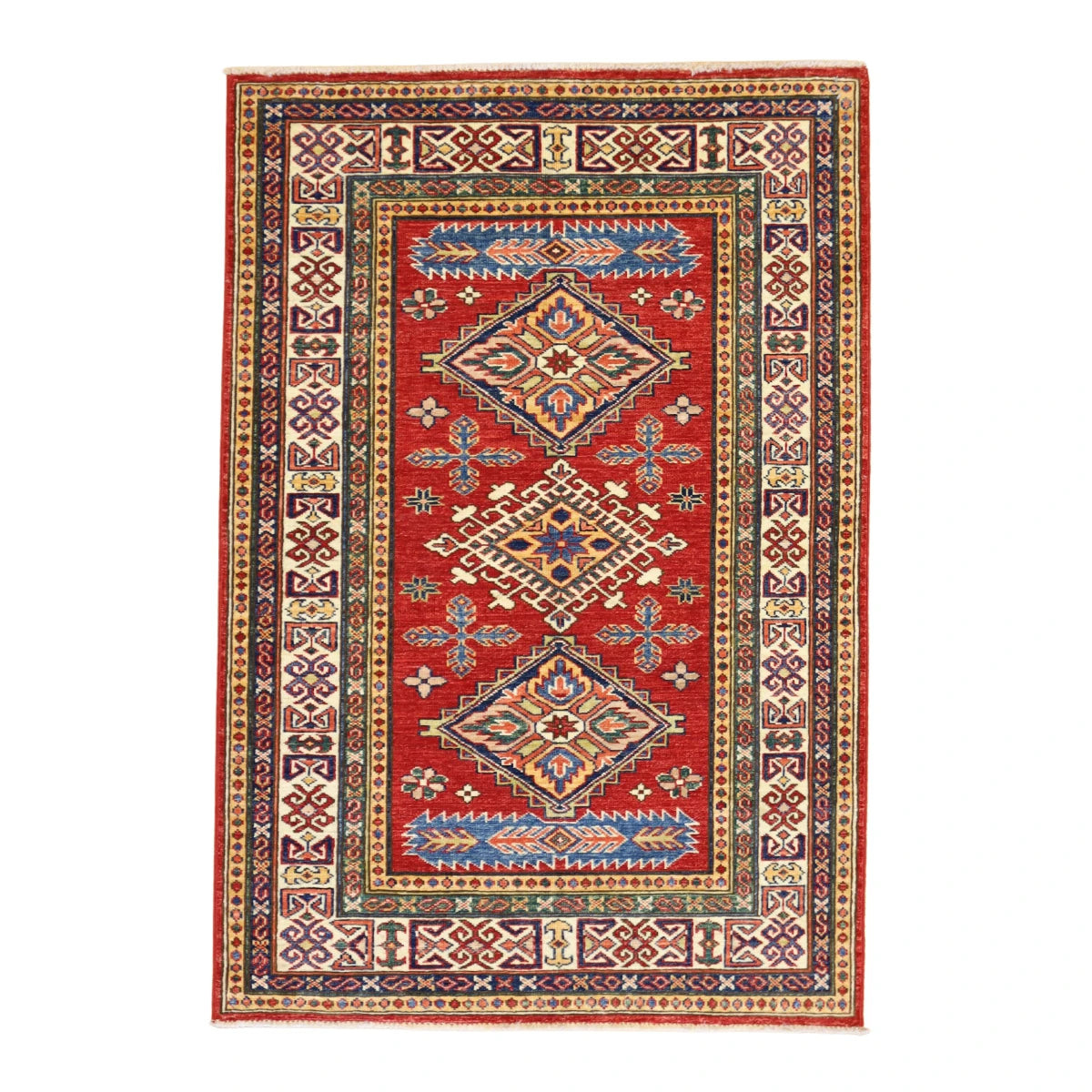 3'3" x 4'10" RED AND IVORY KAZAK GEOMETRIC PAKISTANI RUG