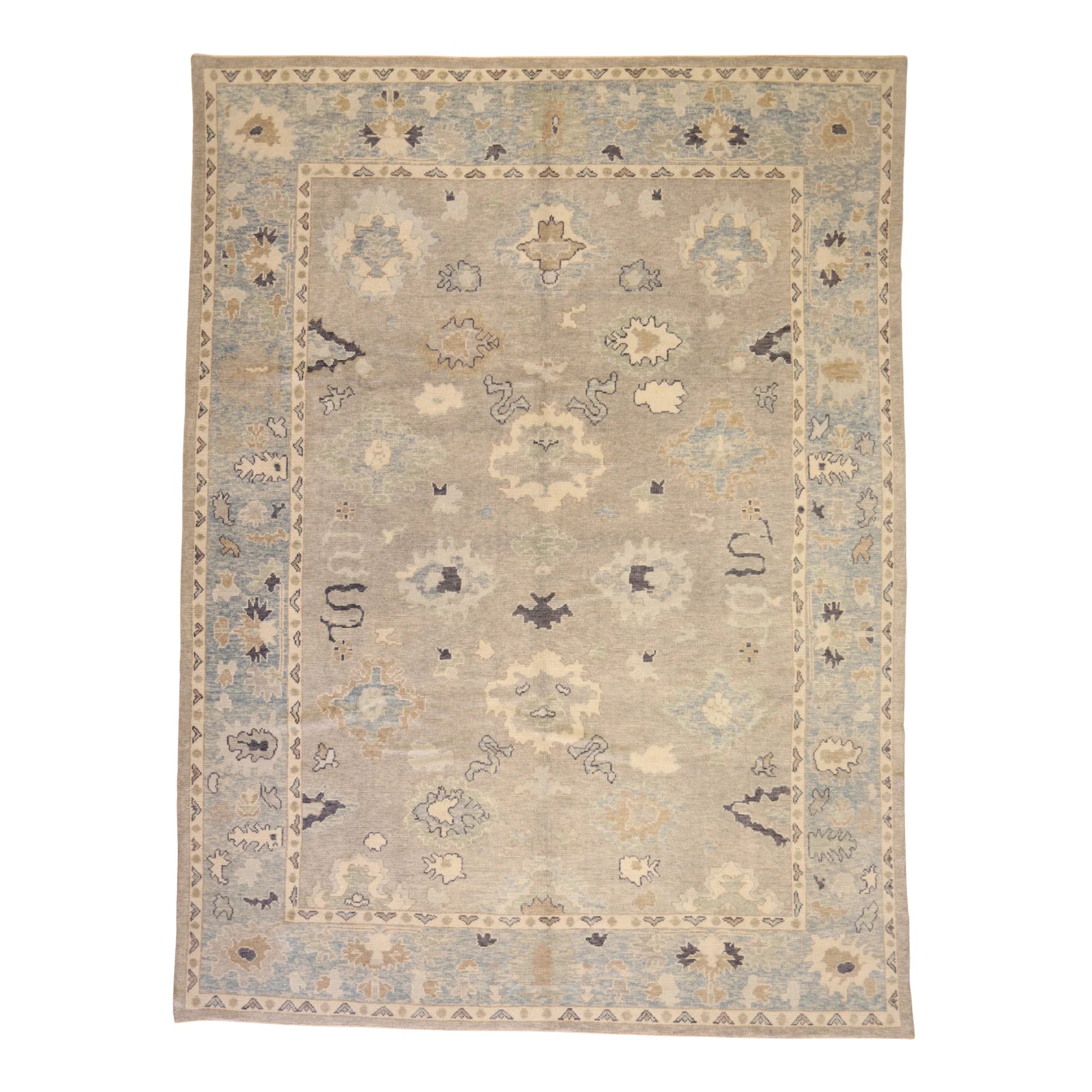 9'2" x 13'5" GRAY AND BLUE OUSHAK GEOMETRIC TURKISH RUG
