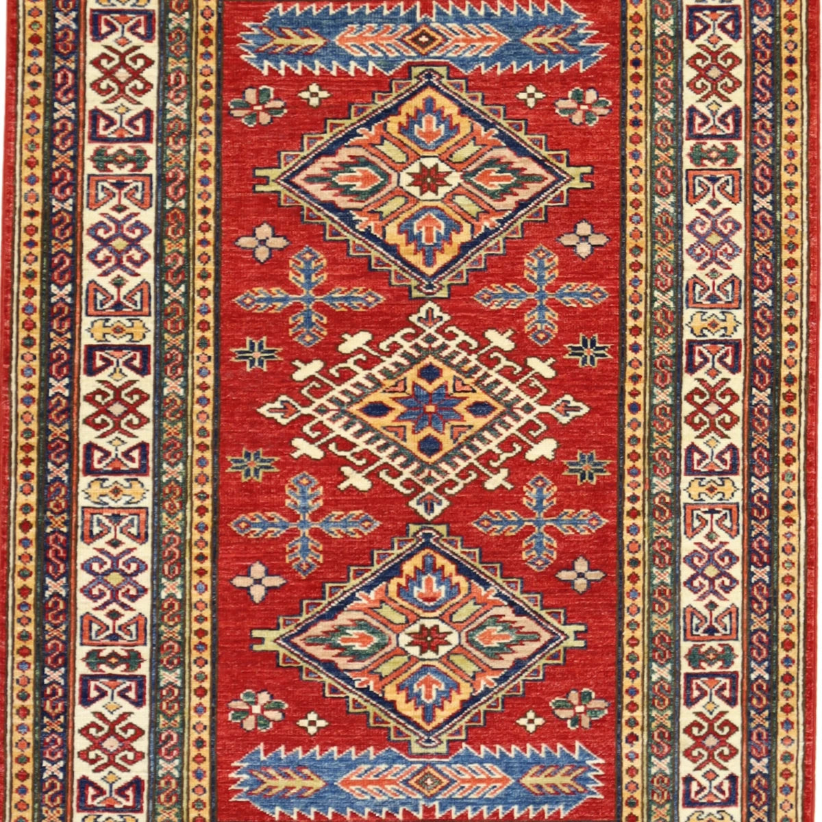 3'3" x 4'10" RED AND IVORY KAZAK GEOMETRIC PAKISTANI RUG