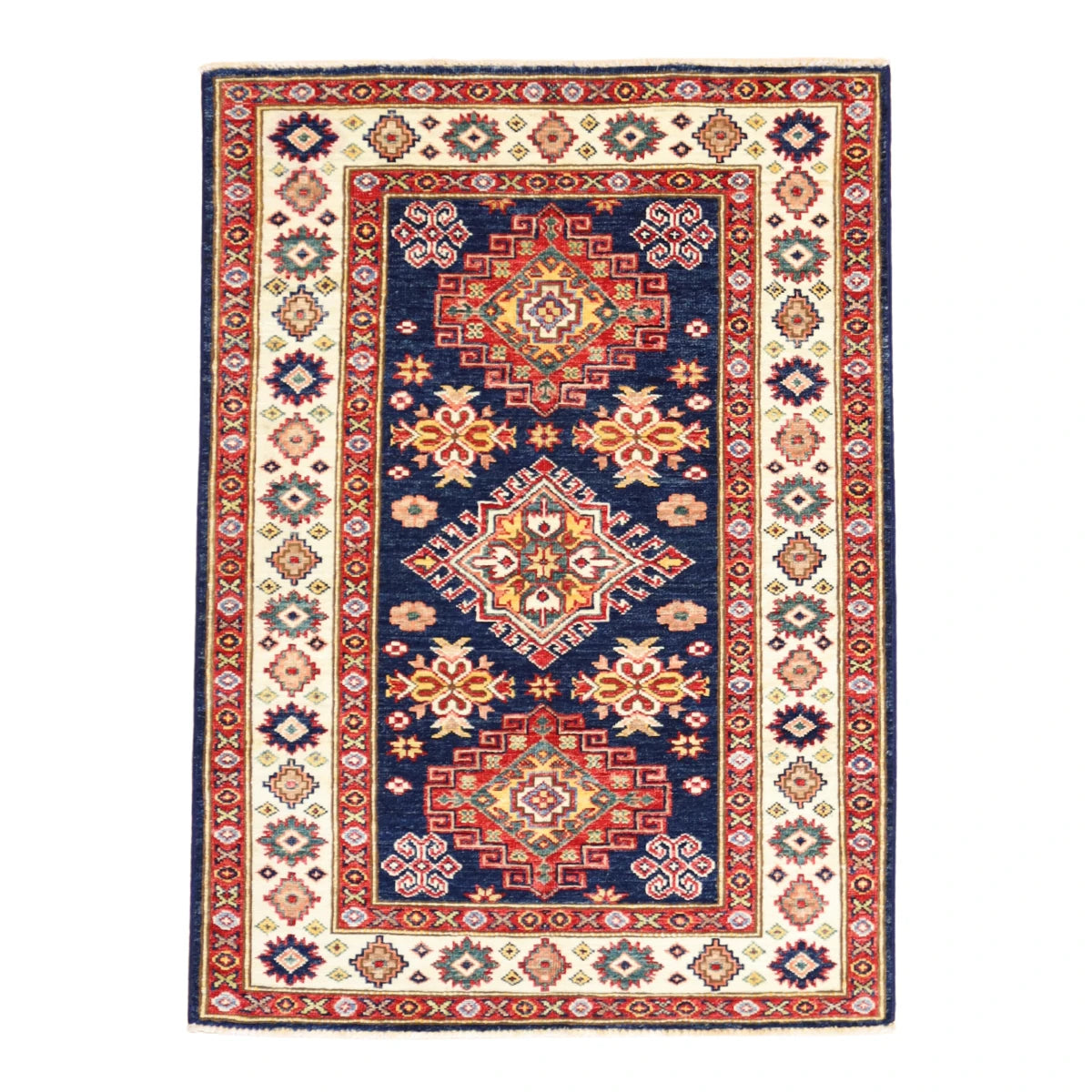 3'0" x 4'1" NAVY AND IVORY KAZAK GEOMETRIC PAKISTANI RUG