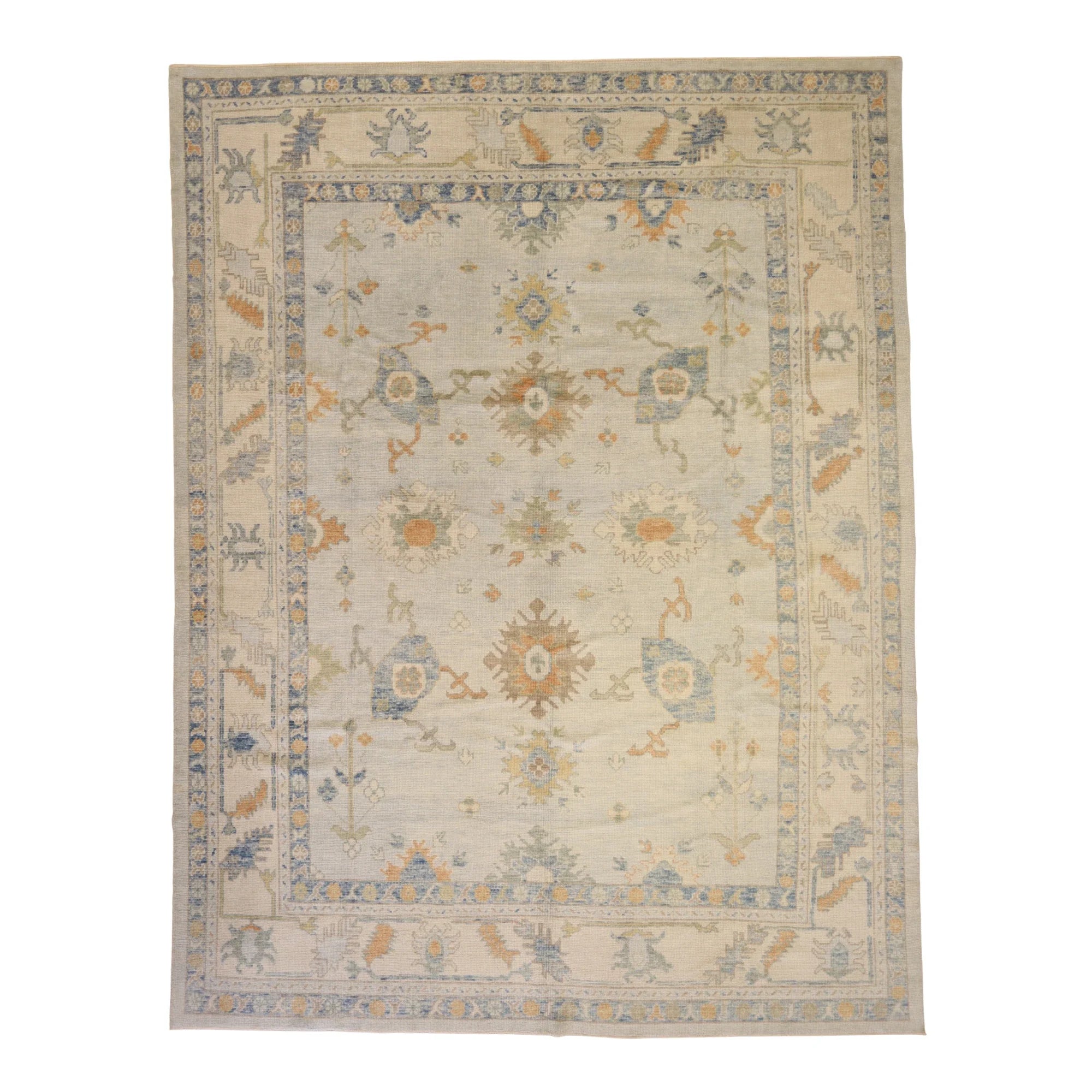 9'2" x 12'0" BLUE AND BEIGE OUSHAK GEOMETRIC TURKISH RUG