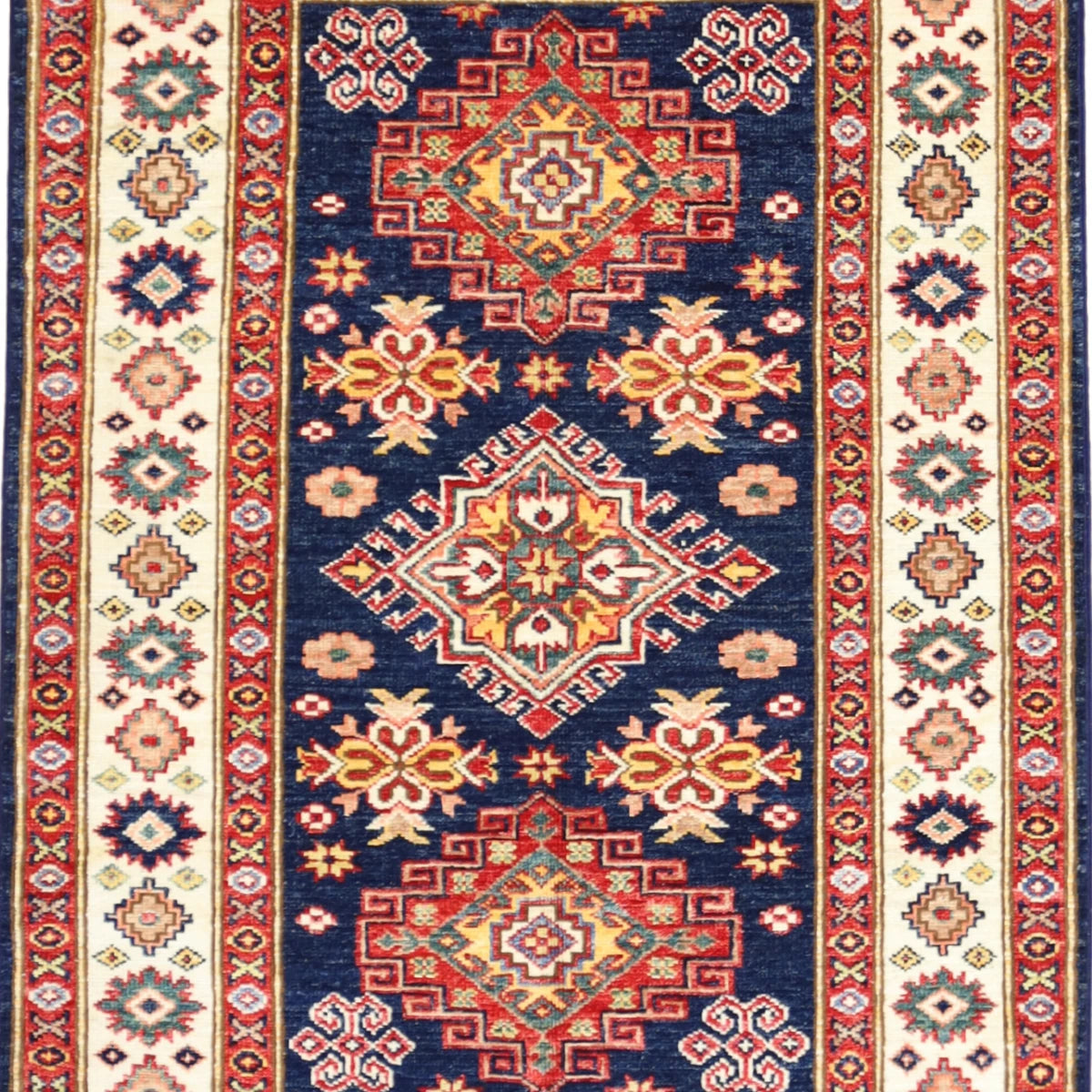 3'0" x 4'1" NAVY AND IVORY KAZAK GEOMETRIC PAKISTANI RUG