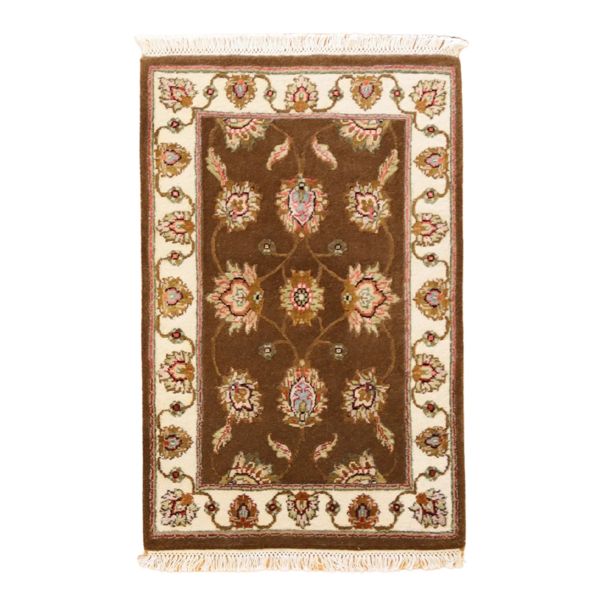 2'0" x 3'0" BROWN AND IVORY JAIPUR FLORAL INDIAN RUG