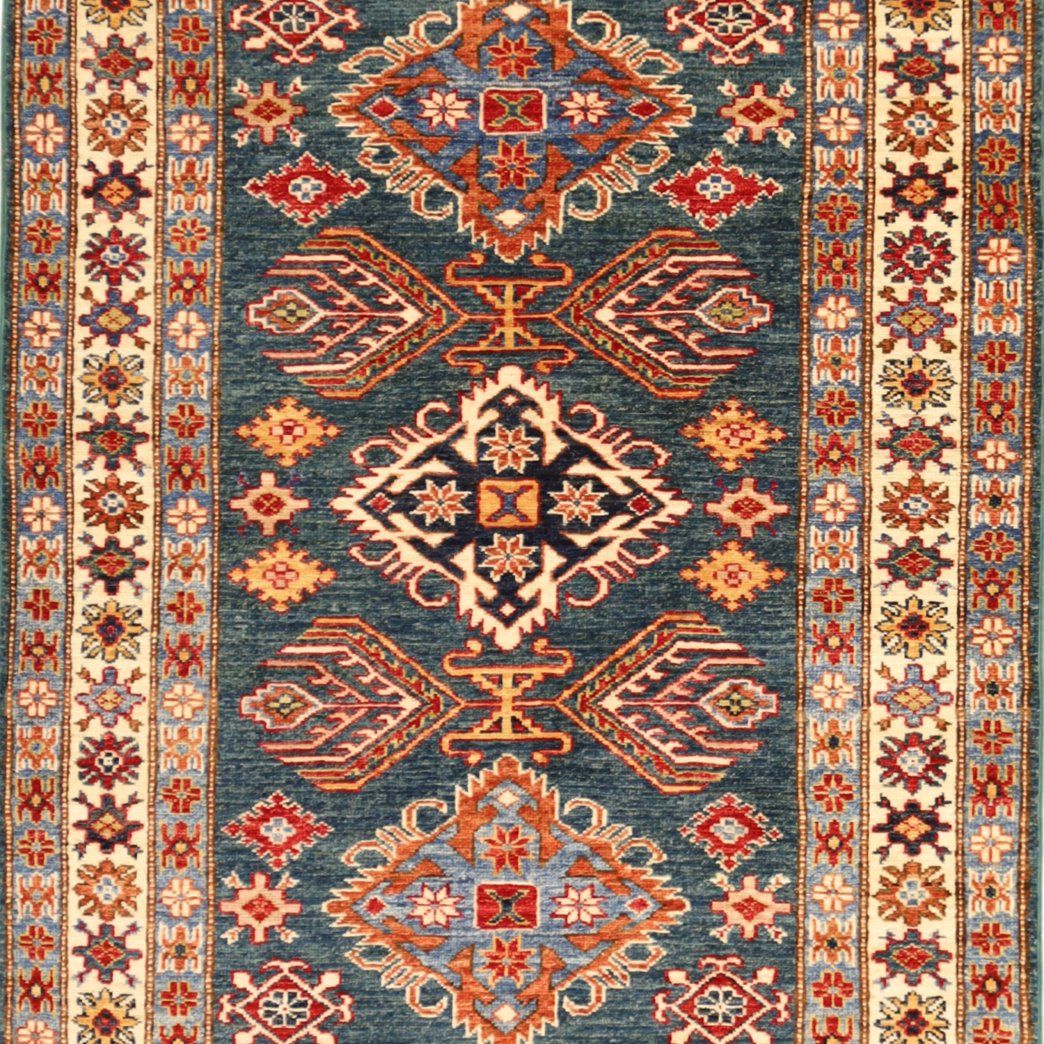 3'7" x 5'1" TEAL AND IVORY KAZAK GEOMETRIC PAKISTANI RUG