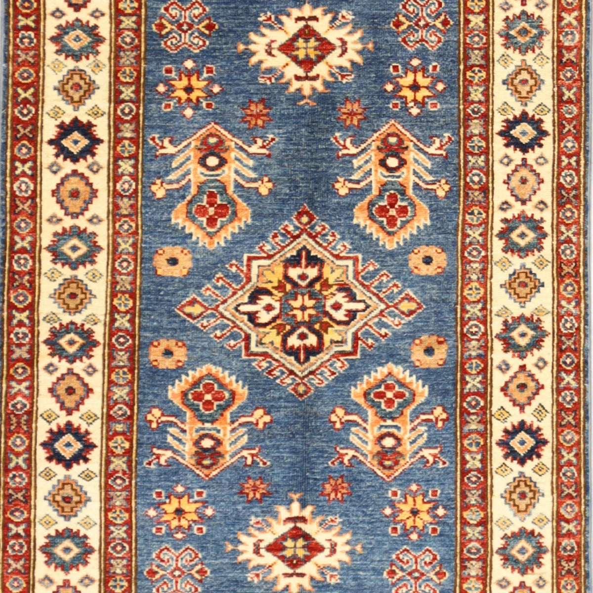 2'11" x 4'0" BLUE AND IVORY KAZAK GEOMETRIC PAKISTANI RUG