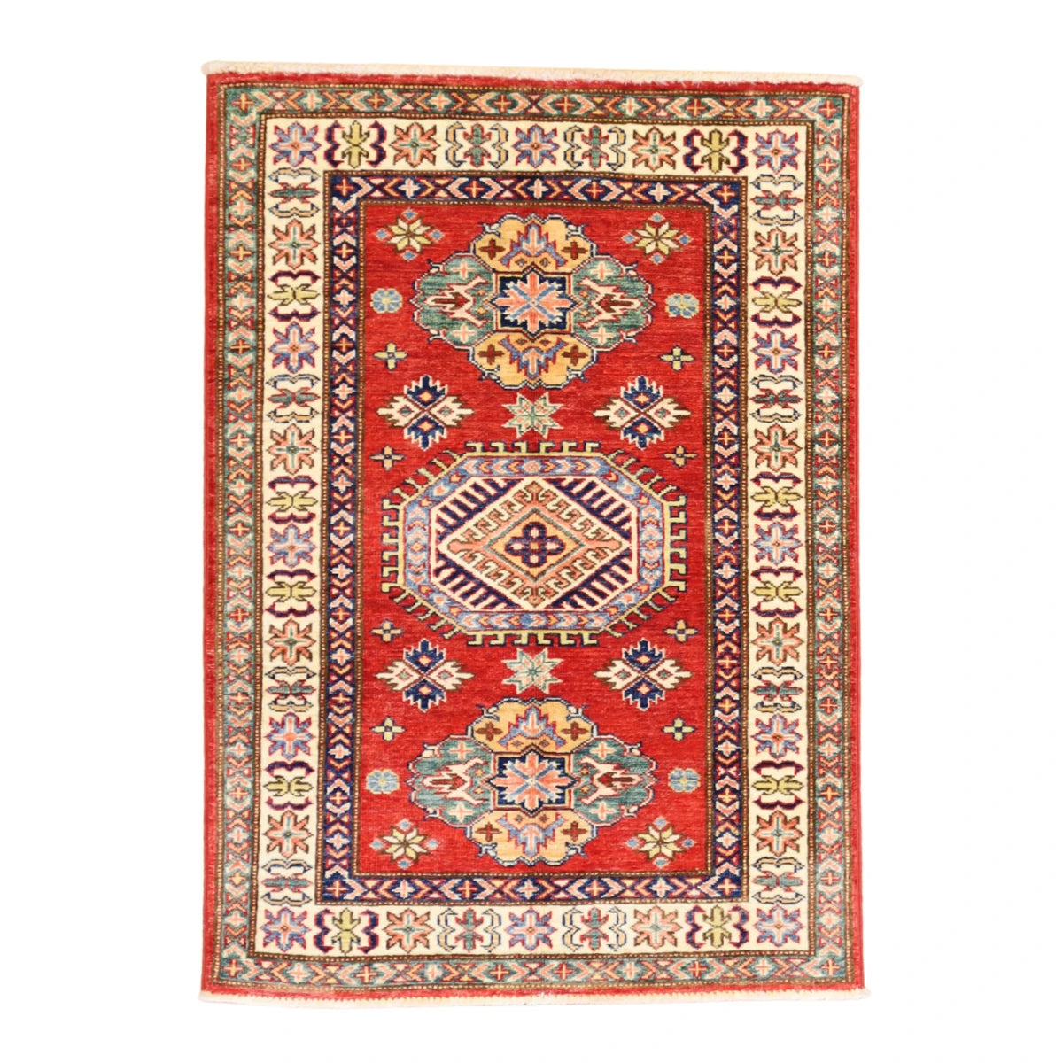 2'9" x 3'10" RED AND IVORY KAZAK GEOMETRIC PAKISTANI RUG