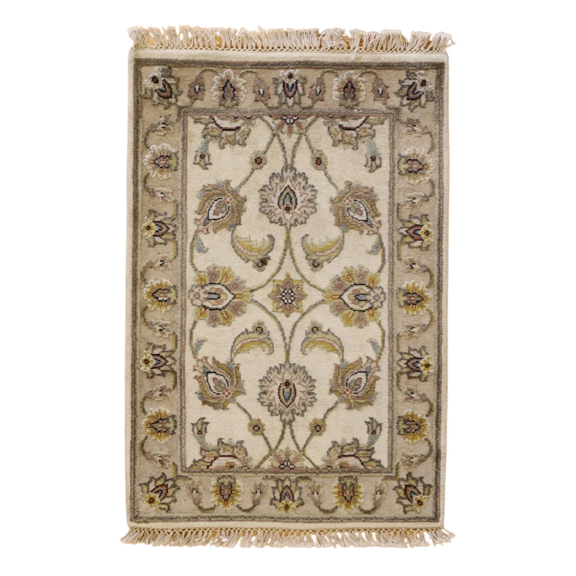 2'0" x 3'0" IVORY AND TAN JAIPUR FLORAL INDIAN RUG