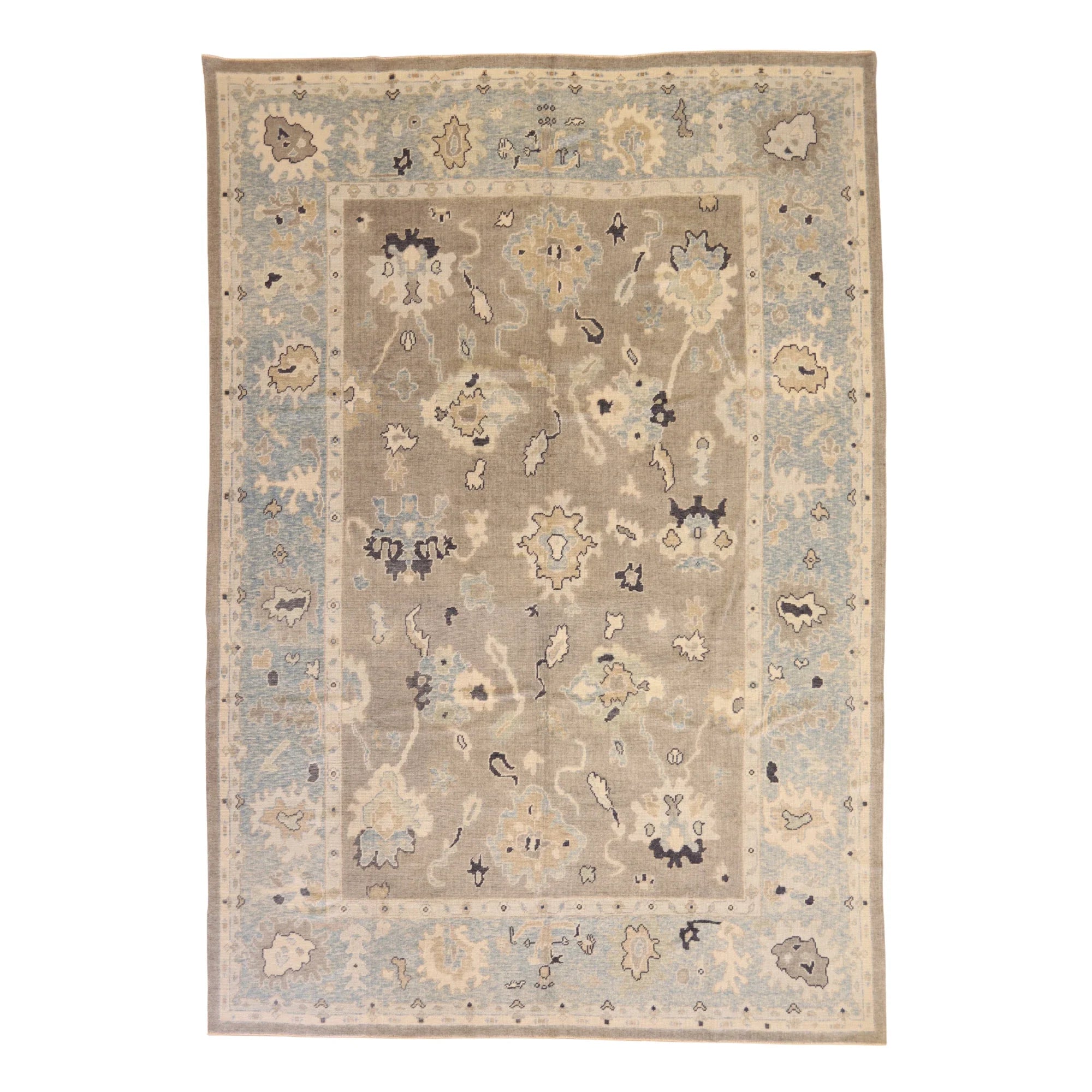 9'3" x 13'7" GRAY AND BLUE OUSHAK GEOMETRIC TURKISH RUG