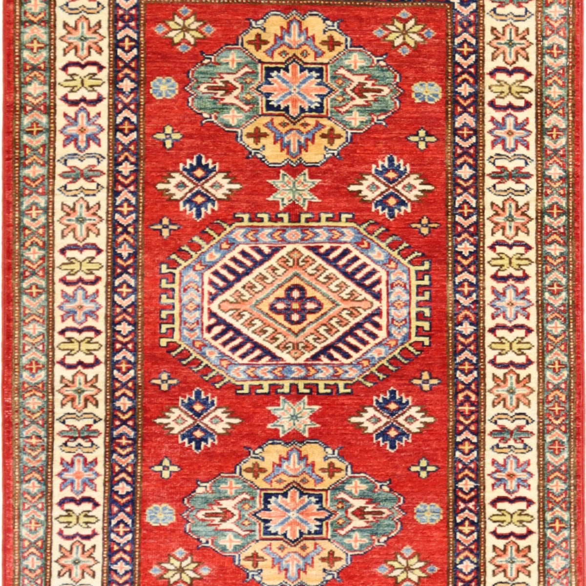 2'9" x 3'10" RED AND IVORY KAZAK GEOMETRIC PAKISTANI RUG