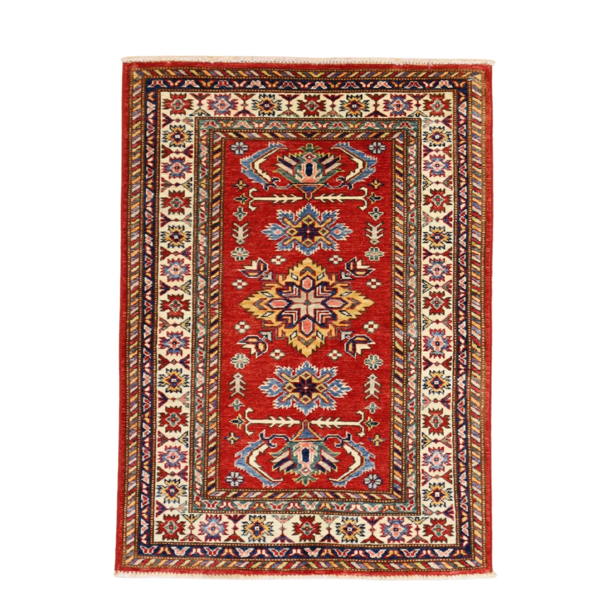 2'8" x 3'7" RED AND IVORY KAZAK GEOMETRIC PAKISTANI RUG