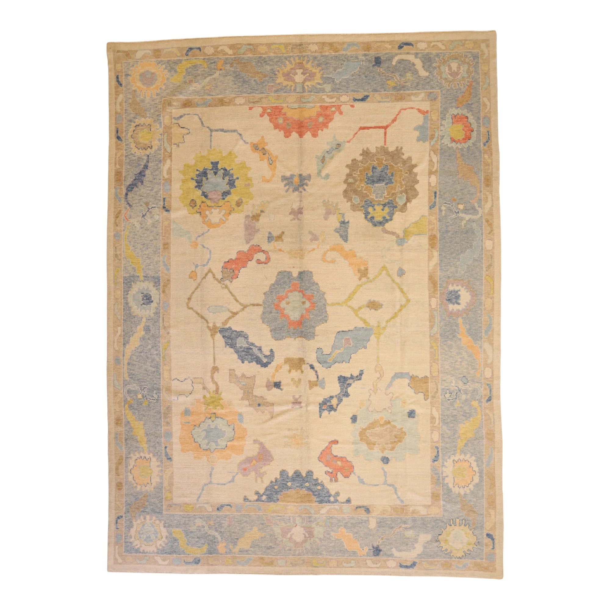 10'1" x 13'11" BEIGE AND BLUE OUSHAK GEOMETRIC TURKISH RUG