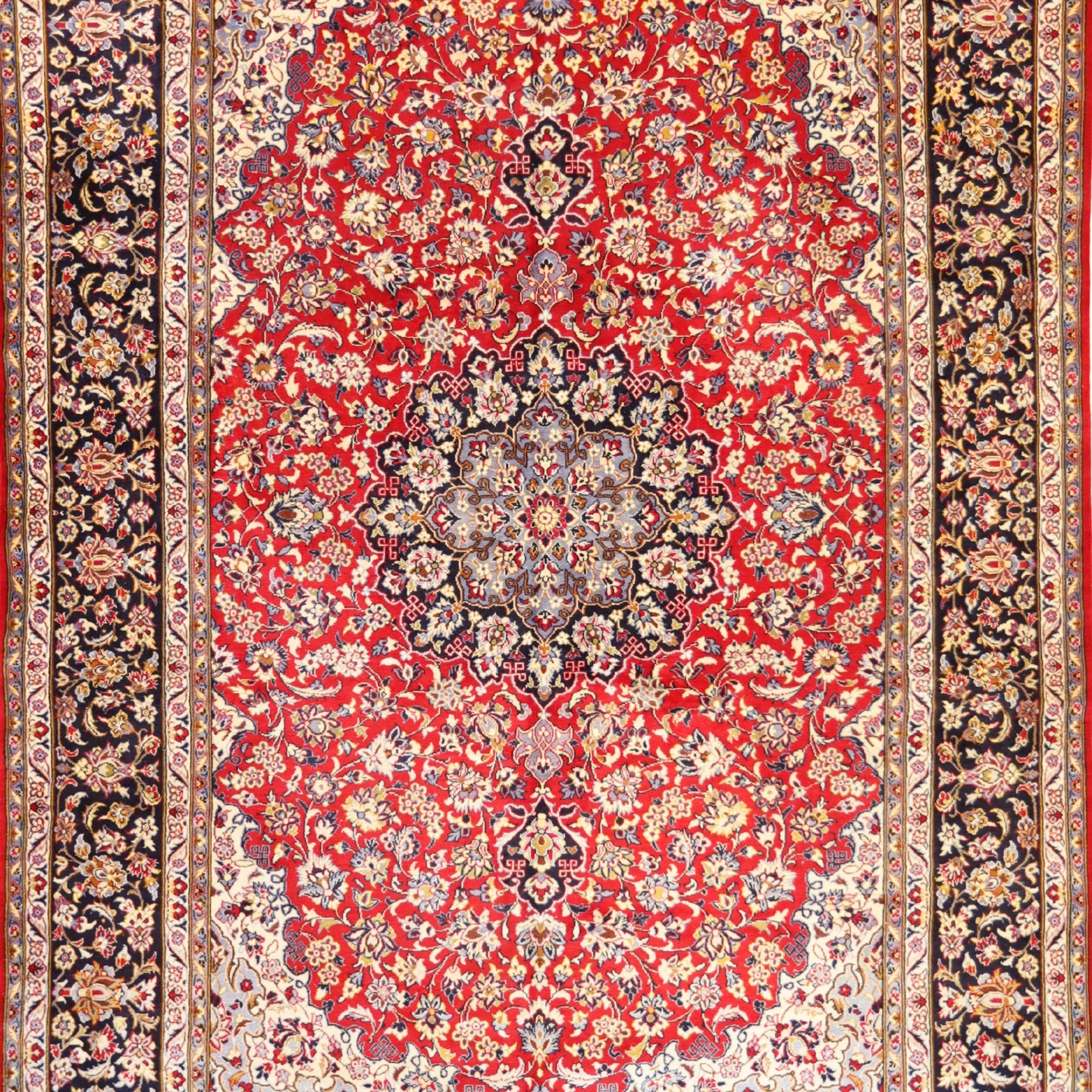 9'4" x 13'9" RED AND NAVY KASHAN FLORAL PERSIAN RUG