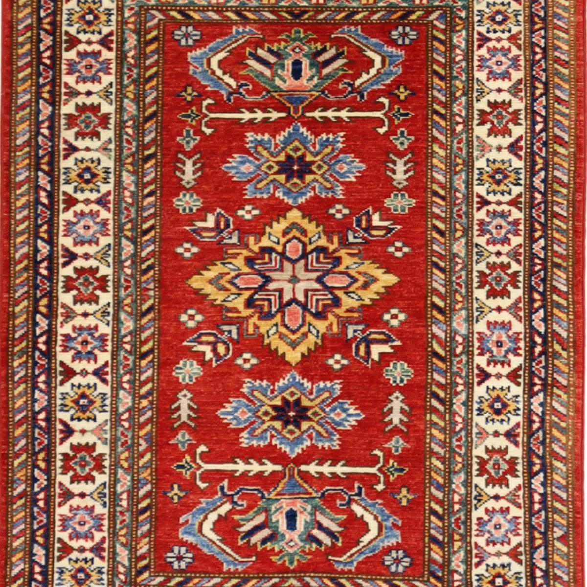 2'8" x 3'7" RED AND IVORY KAZAK GEOMETRIC PAKISTANI RUG