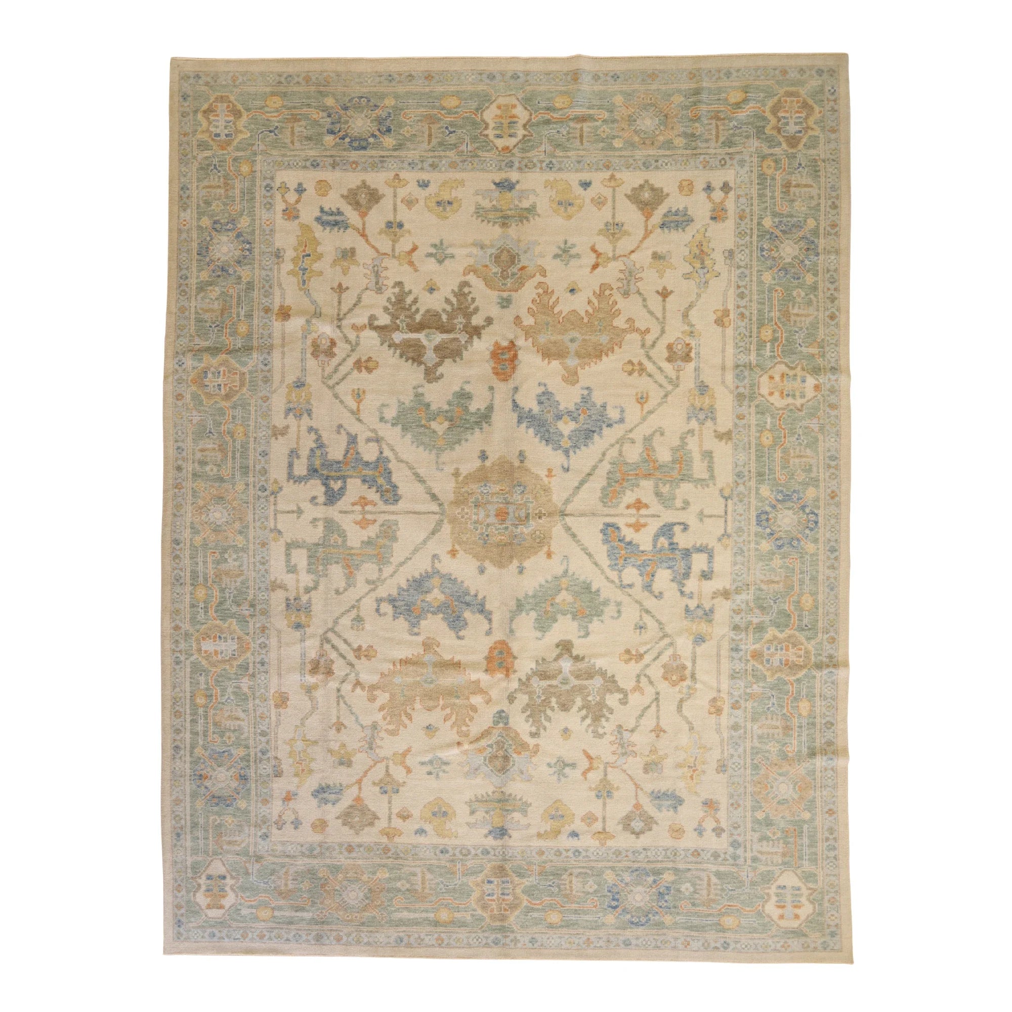10'3" x 13'6" BEIGE AND GREEN OUSHAK GEOMETRIC TURKISH RUG