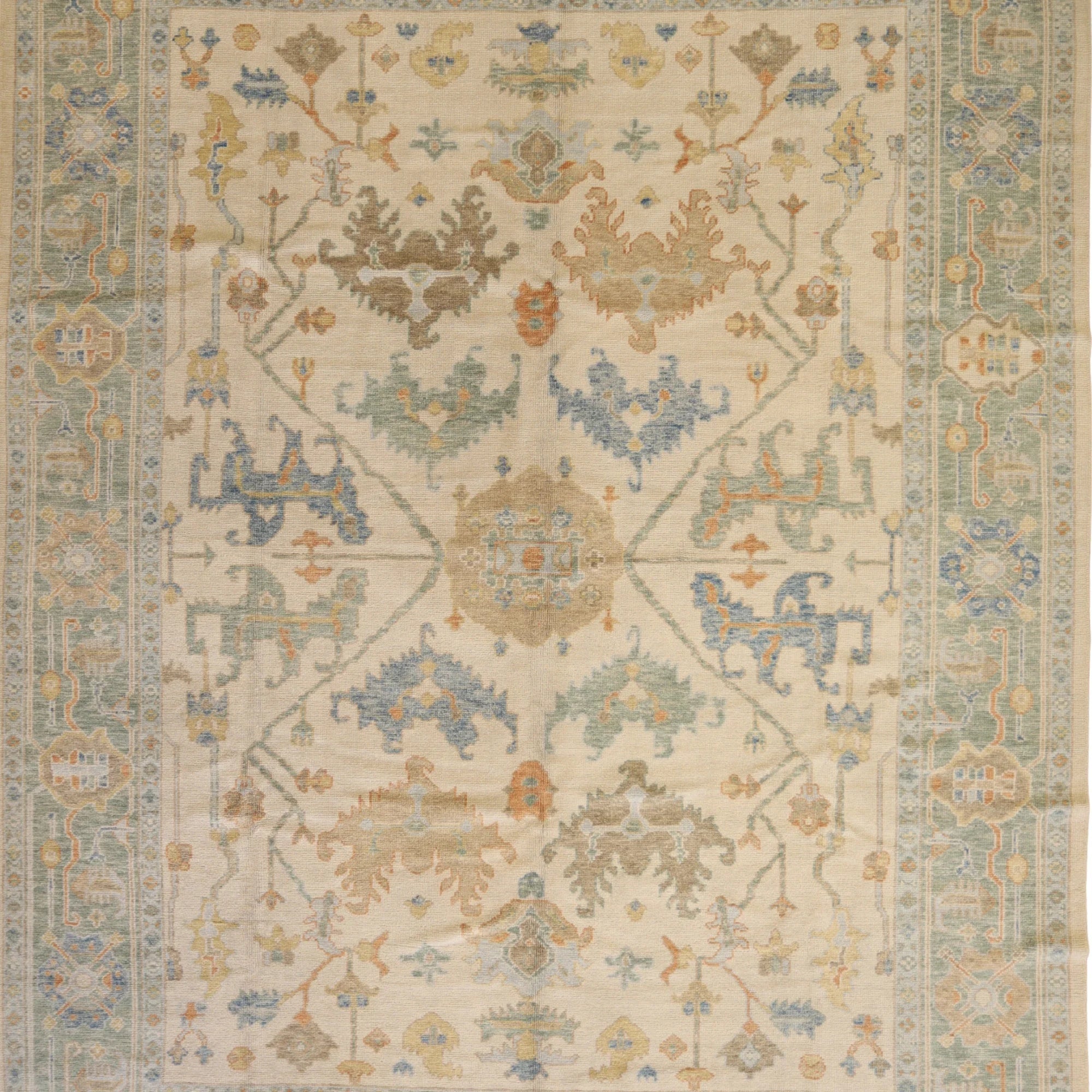 10'3" x 13'6" BEIGE AND GREEN OUSHAK GEOMETRIC TURKISH RUG