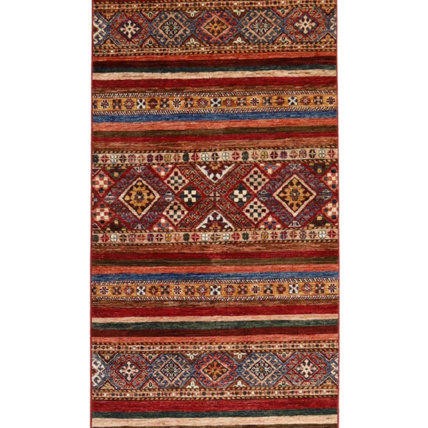 3' 0" x 12' 8" MULTICOLOR AND  KAZAK GEOMETRIC AFGHANI RUG