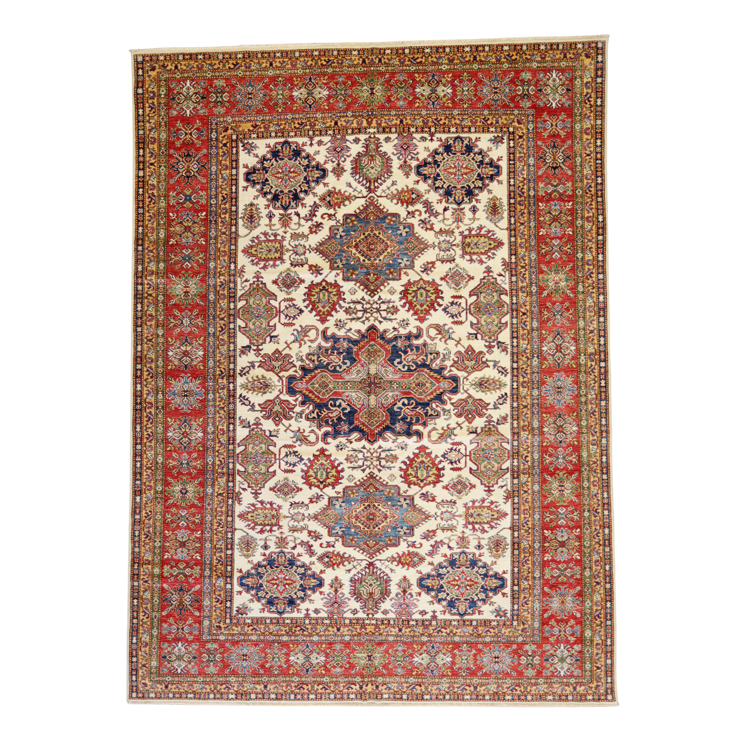 8'8" x 11'11" IVORY AND RED KAZAK GEOMETRIC PAKISTANI RUG