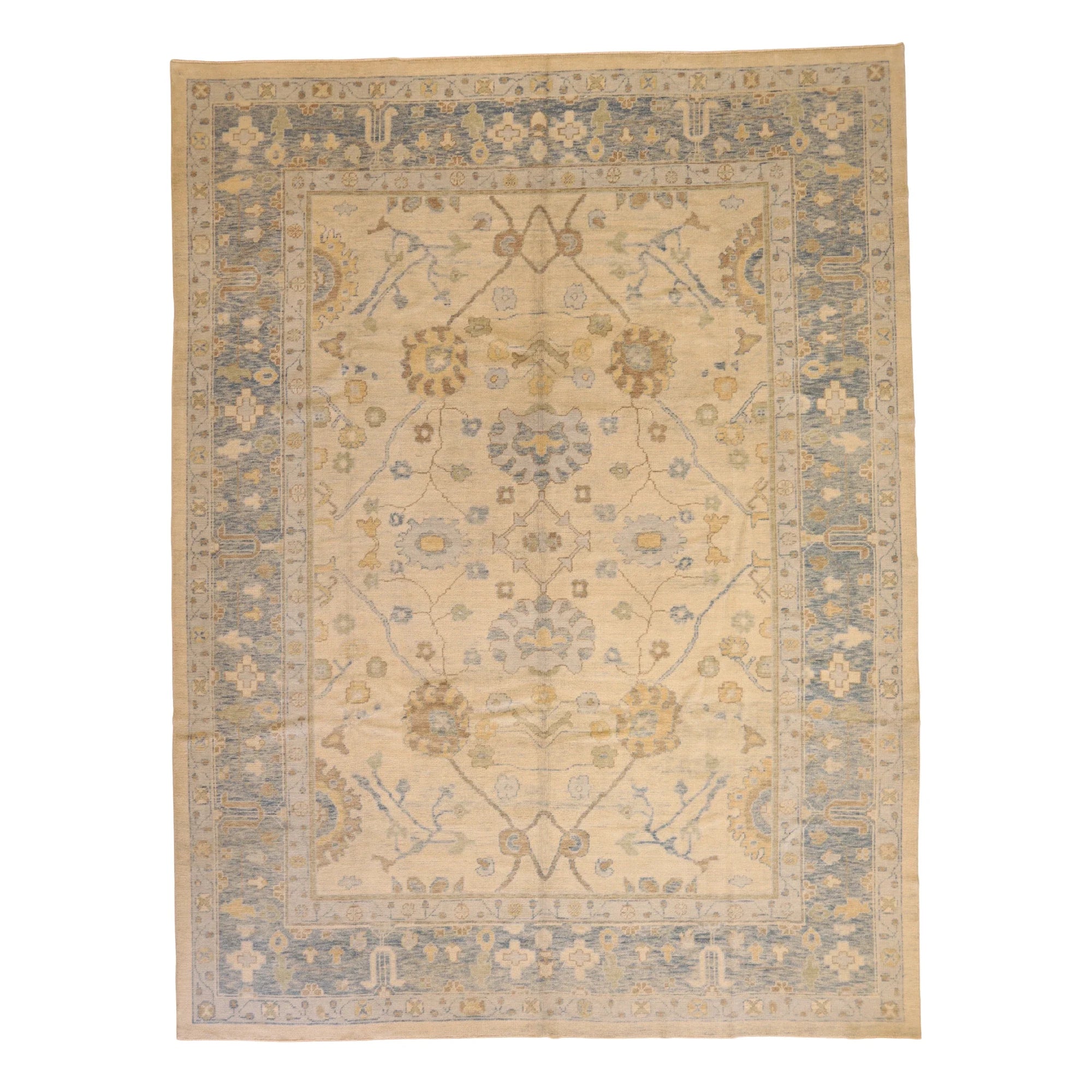 10'3" x 13'8" BEIGE AND BLUE OUSHAK GEOMETRIC TURKISH RUG