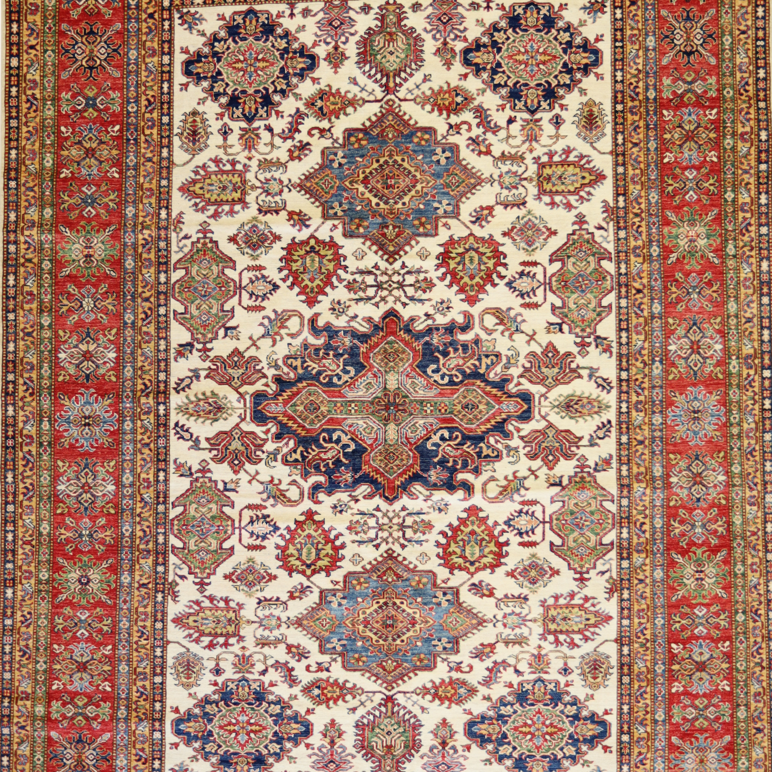 8'8" x 11'11" IVORY AND RED KAZAK GEOMETRIC PAKISTANI RUG