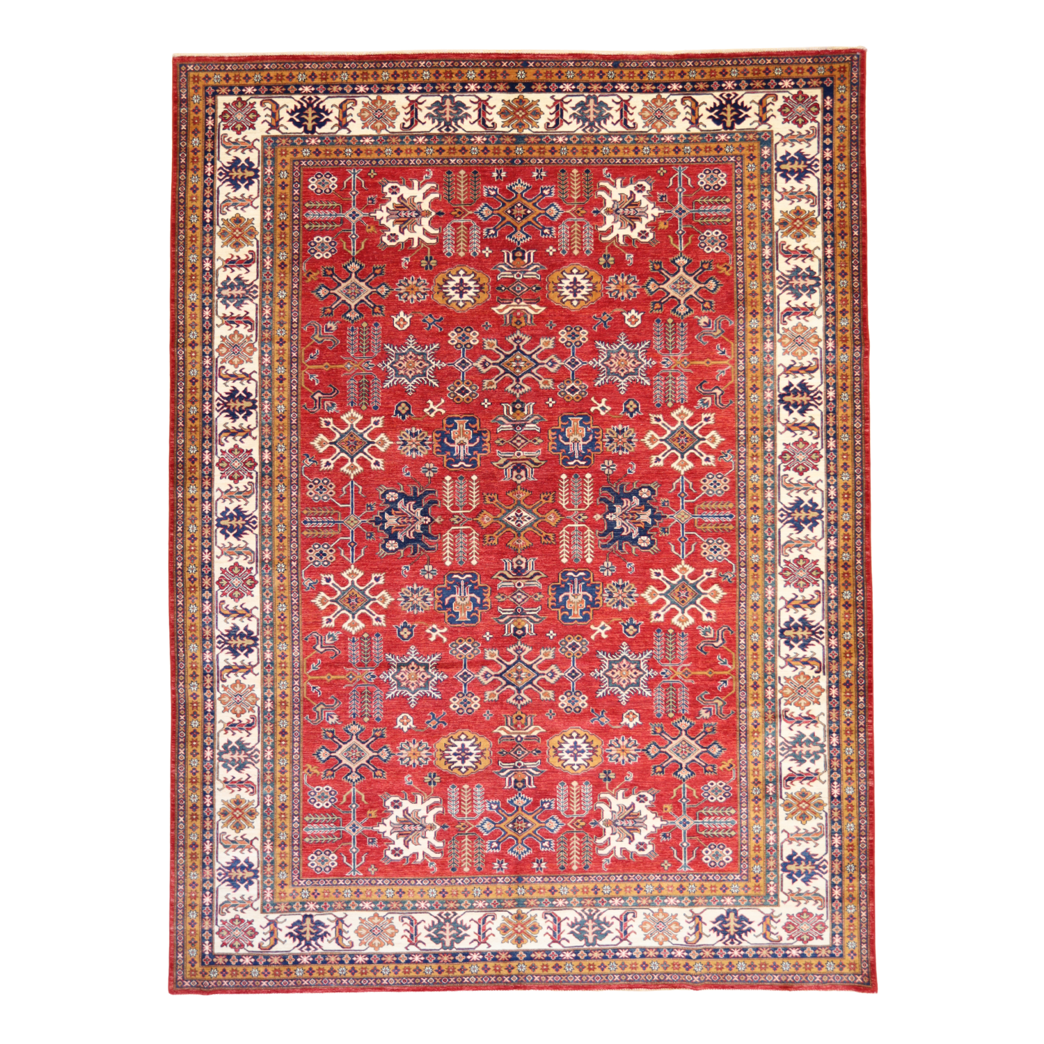 8'11" x 12'0" RED AND IVORY KAZAK GEOMETRIC PAKISTANI RUG