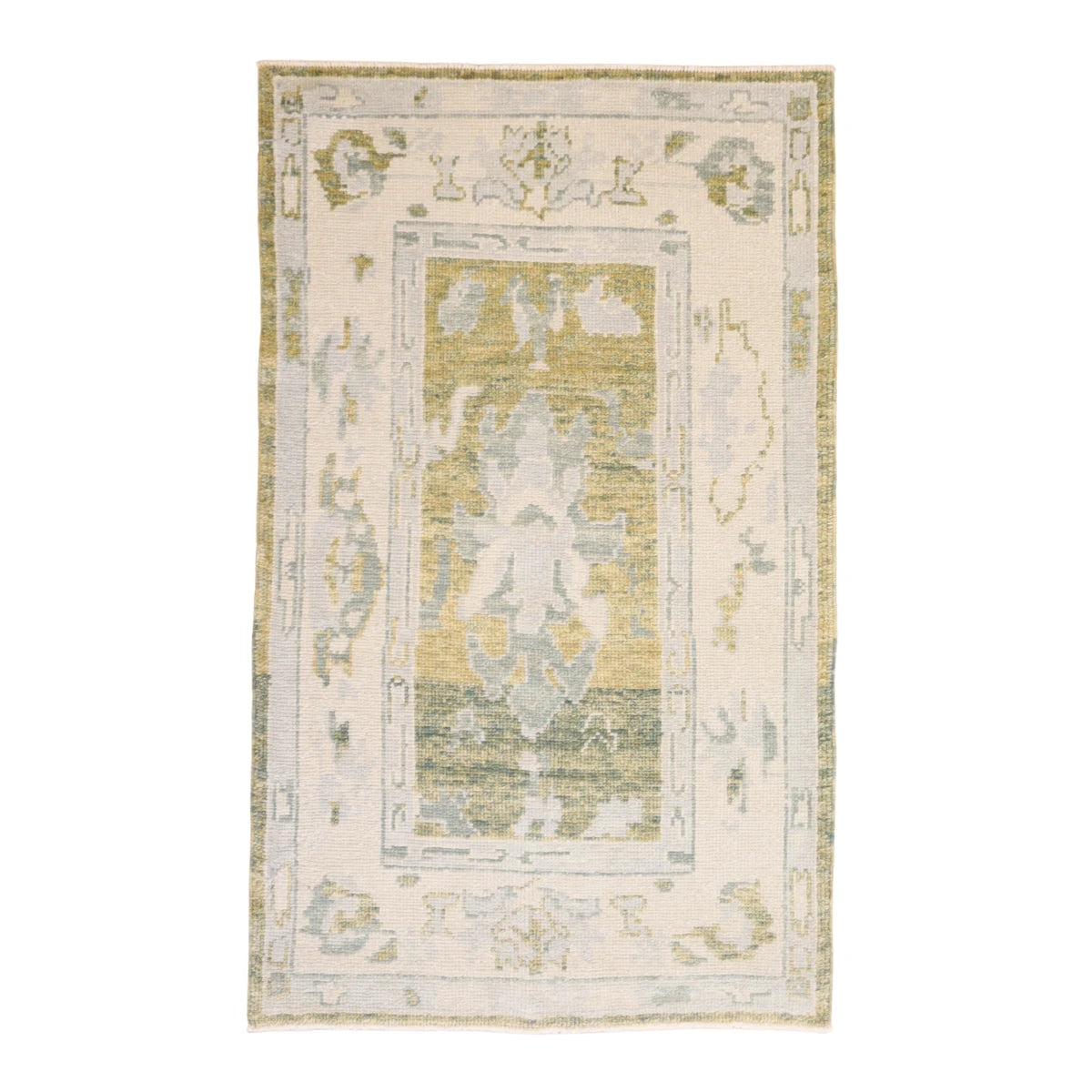 3'1" x 5'1" GREEN AND IVORY OUSHAK GEOMETRIC TURKISH RUG